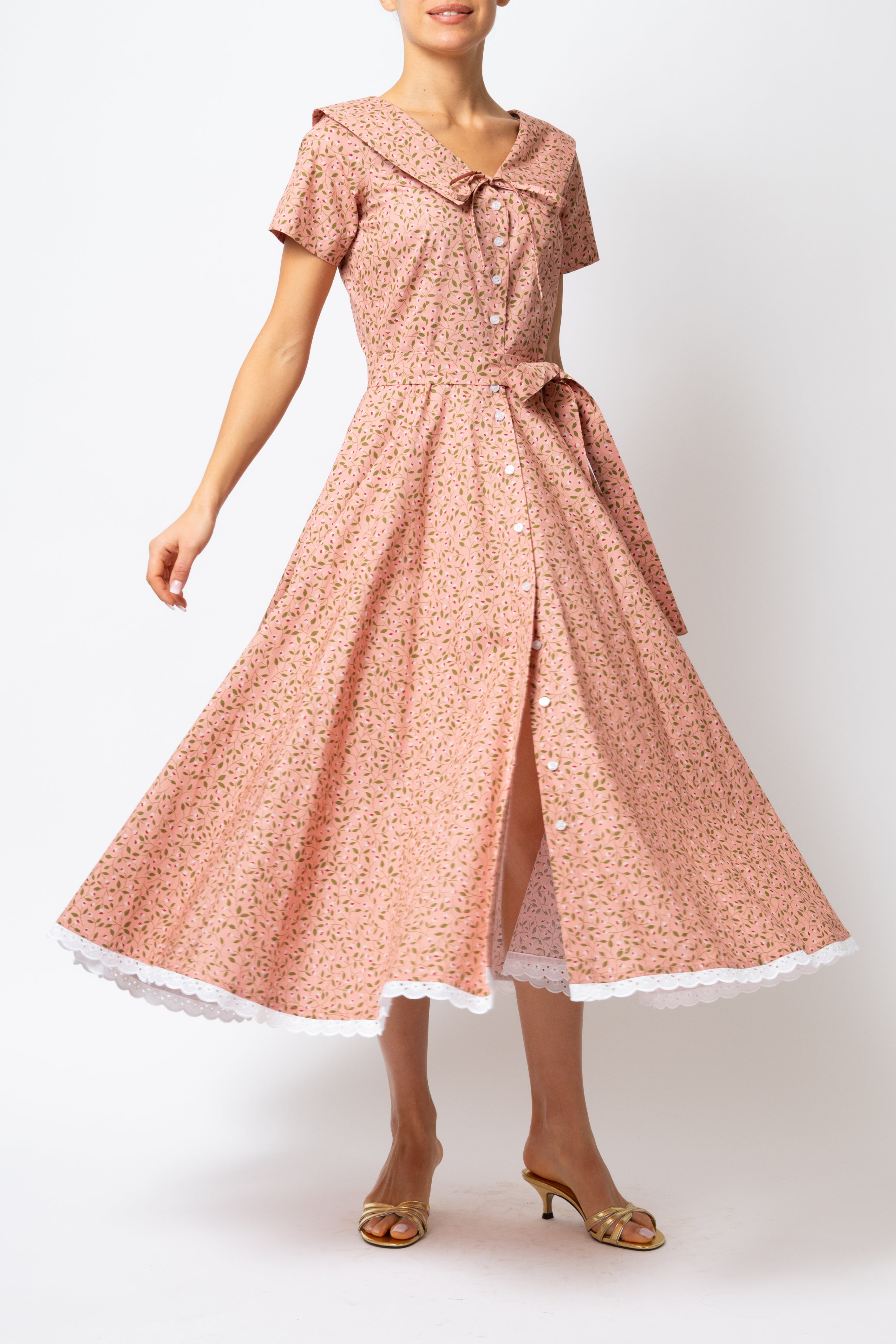 Rochie Camasa Midi cu Guler in V, din Bumbac Roz Somon