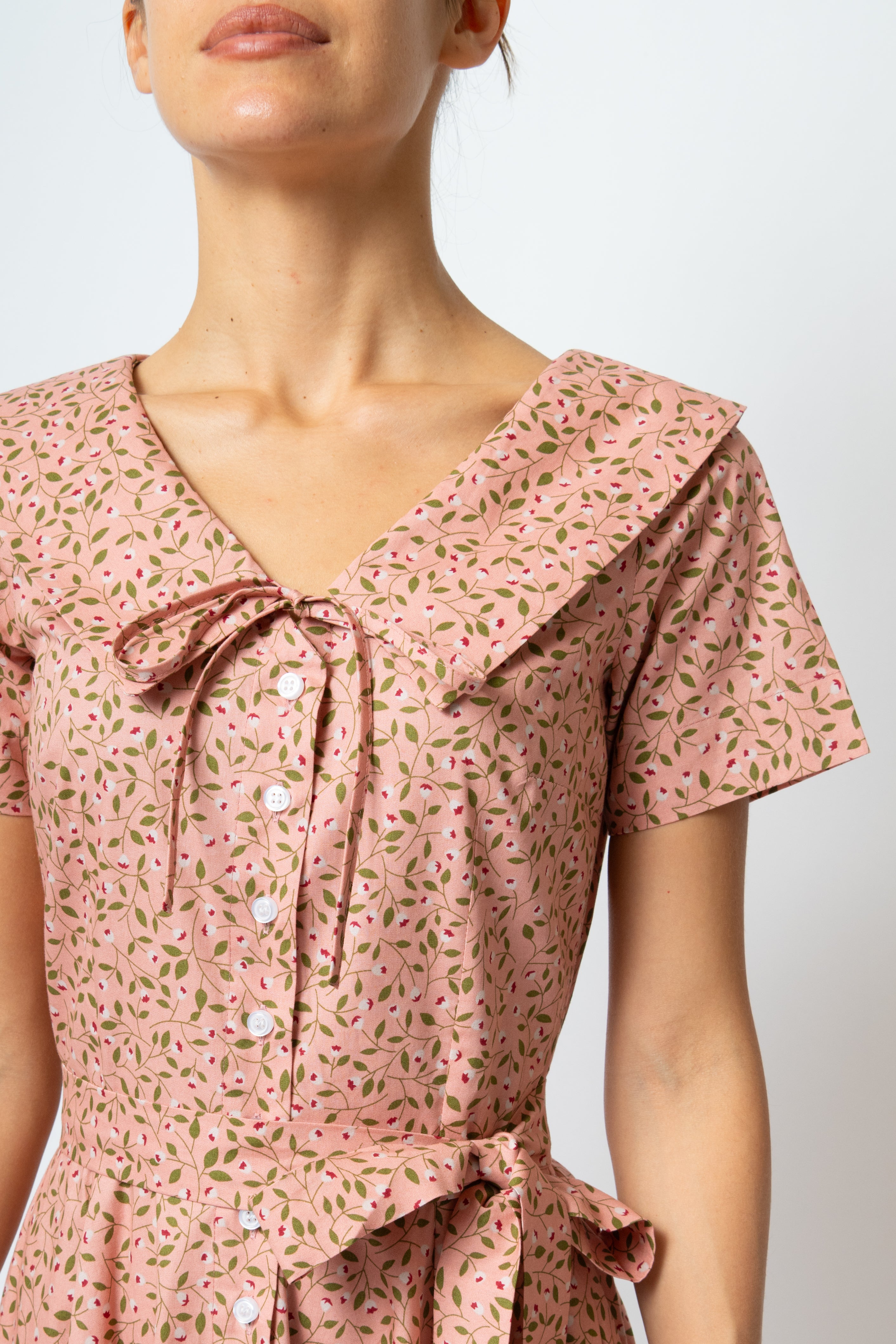 Rochie Camasa Midi cu Guler in V, din Bumbac Roz Somon