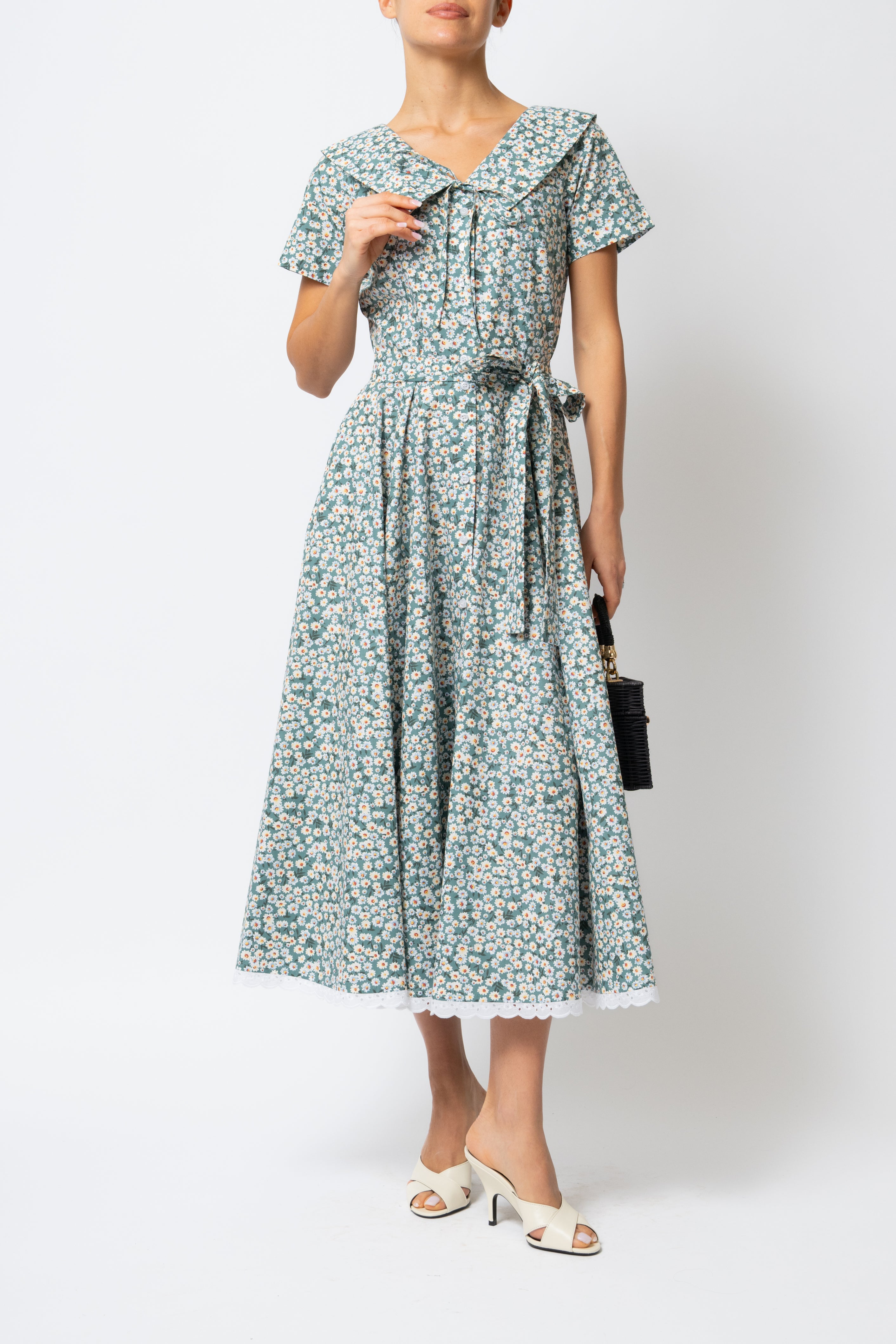 Rochie Camasa Midi cu Guler in V, din Bumbac cu Flori pe Verde Menta