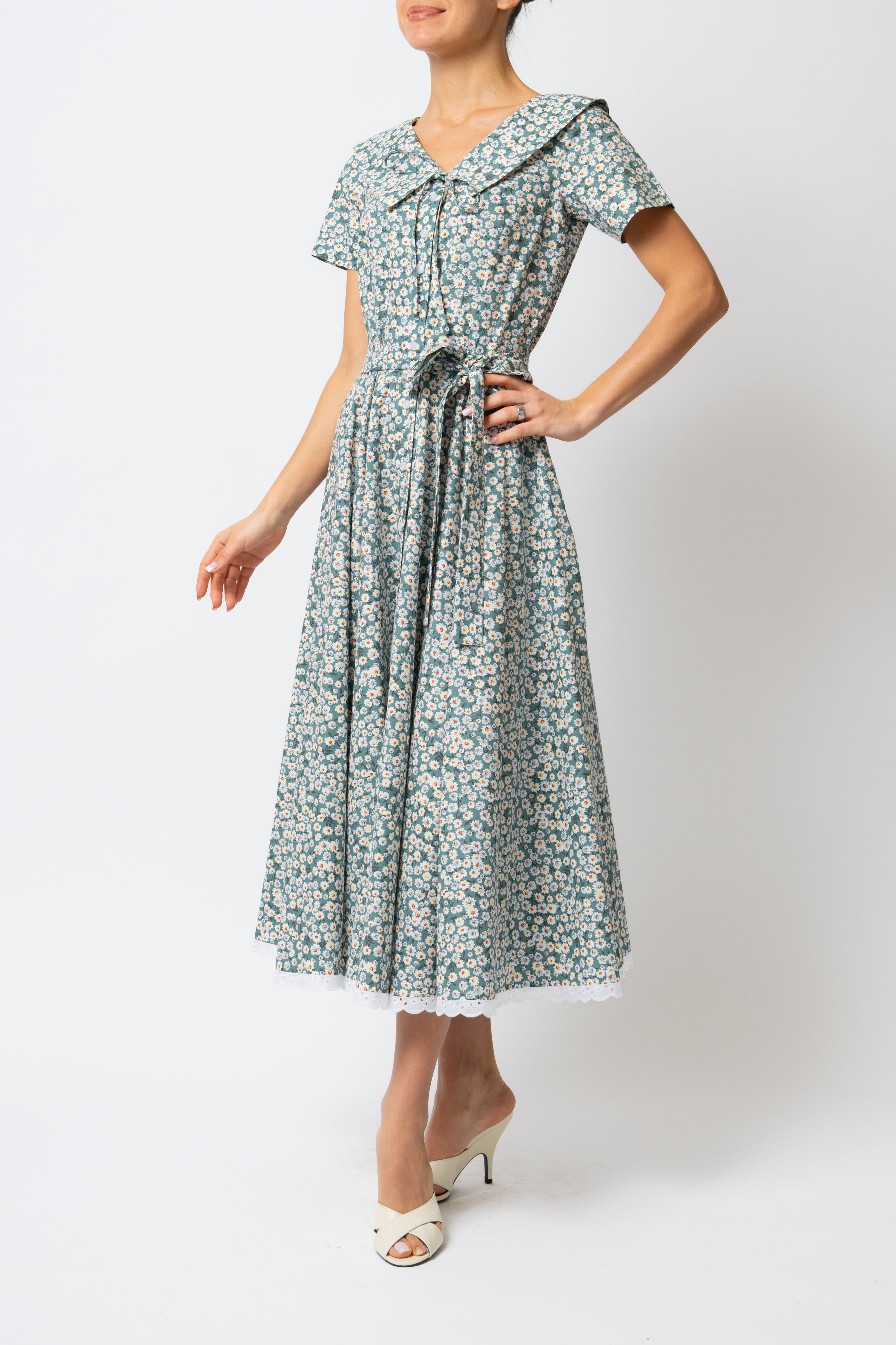 Rochie Camasa Midi cu Guler in V, din Bumbac cu Flori pe Verde Menta