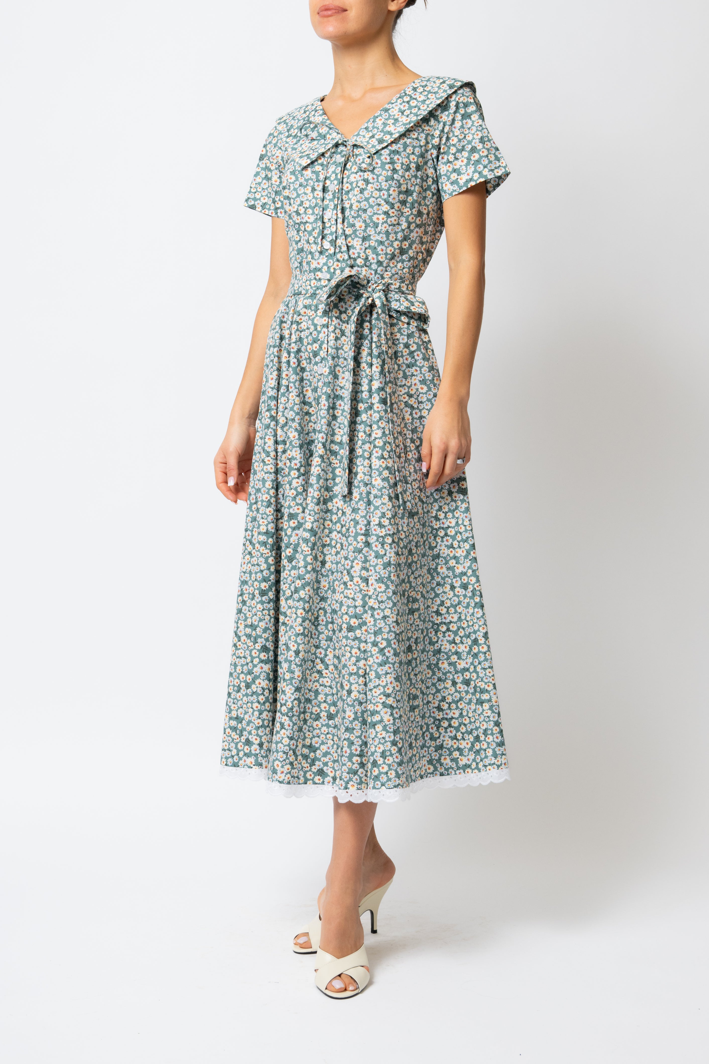 Rochie Camasa Midi cu Guler in V, din Bumbac cu Flori pe Verde Menta