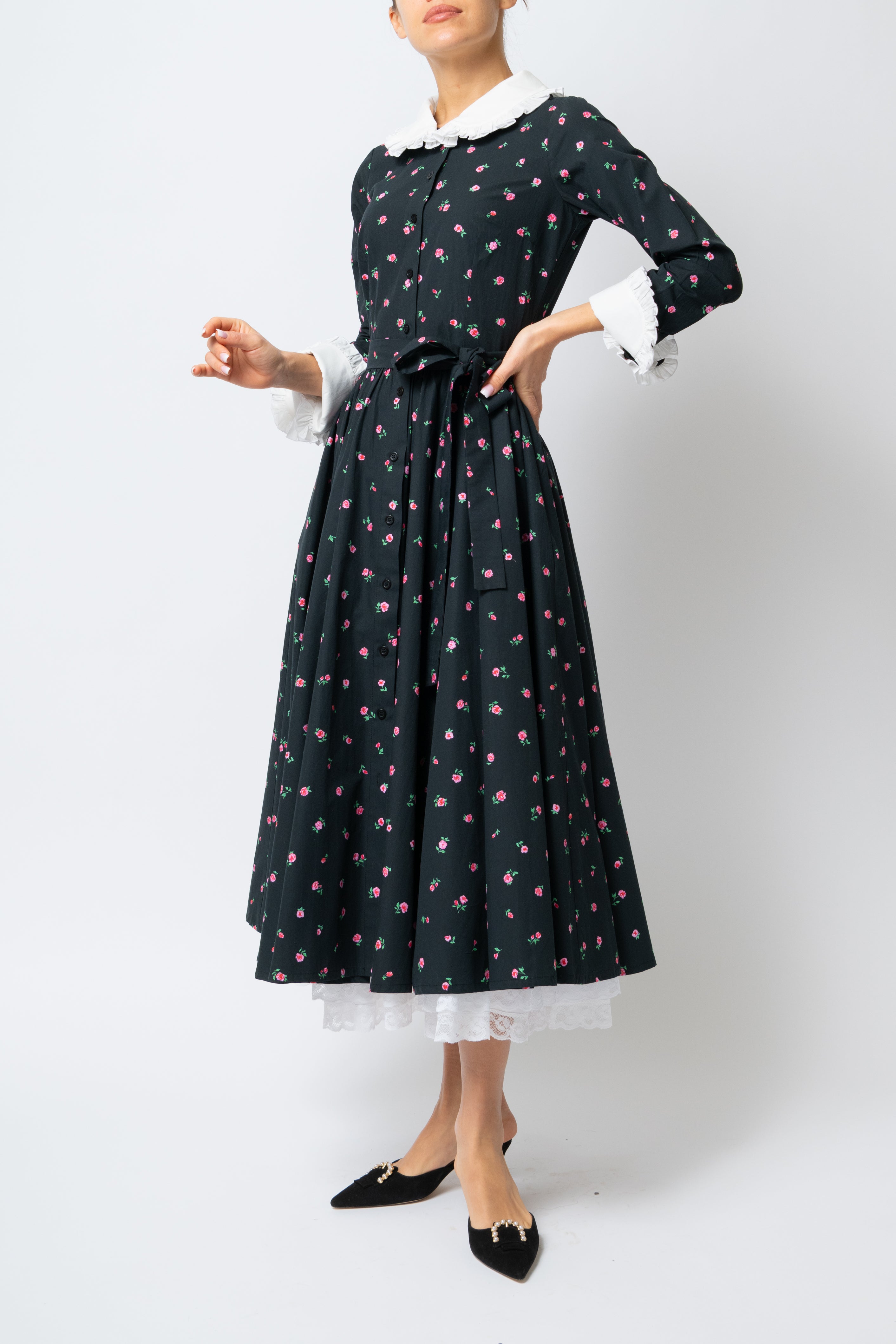 Rochie Camasa Midi cu Imprimeu de Trandafiri mici, din Bumbac