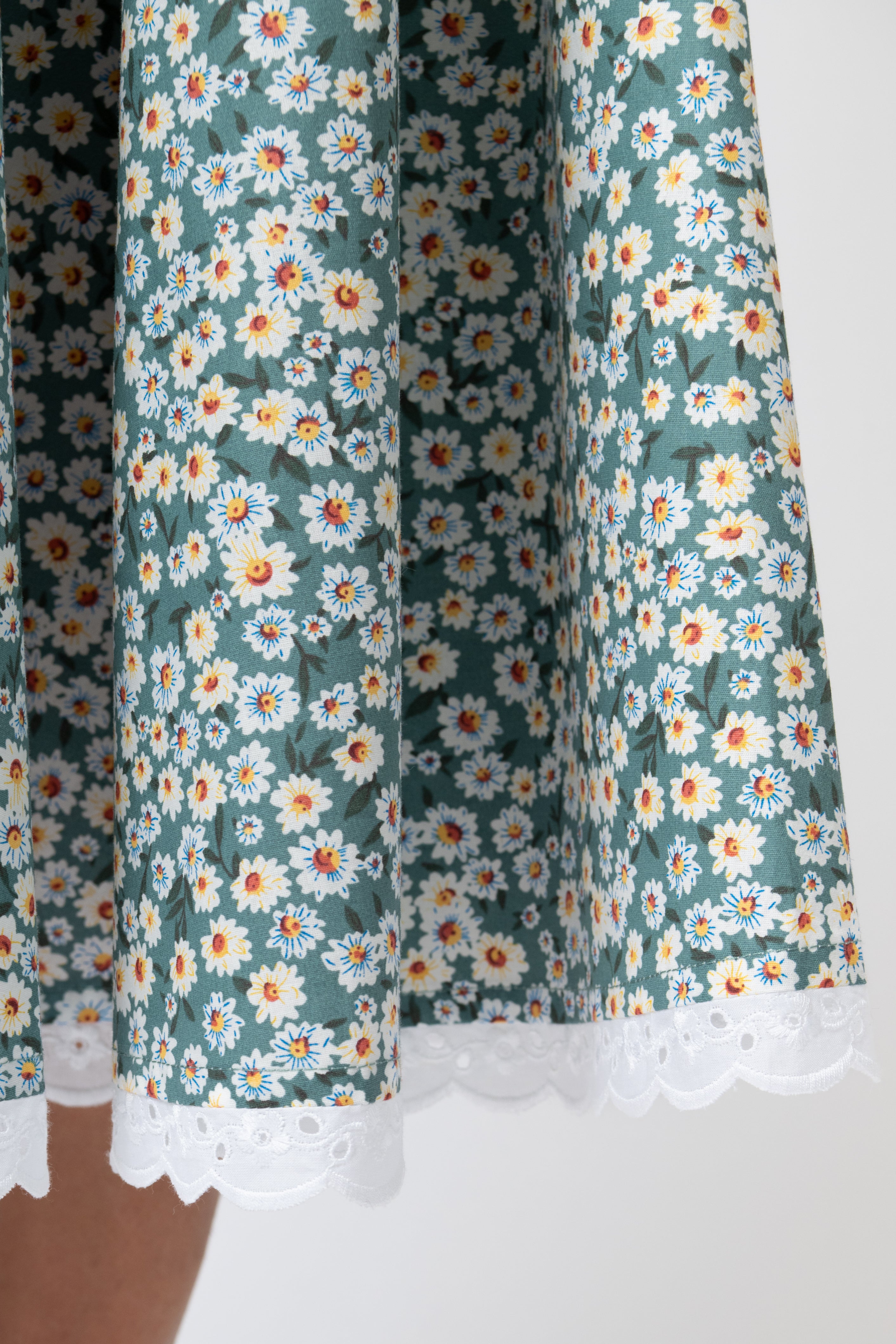 Rochie Camasa Midi cu Guler in V, din Bumbac cu Flori pe Verde Menta