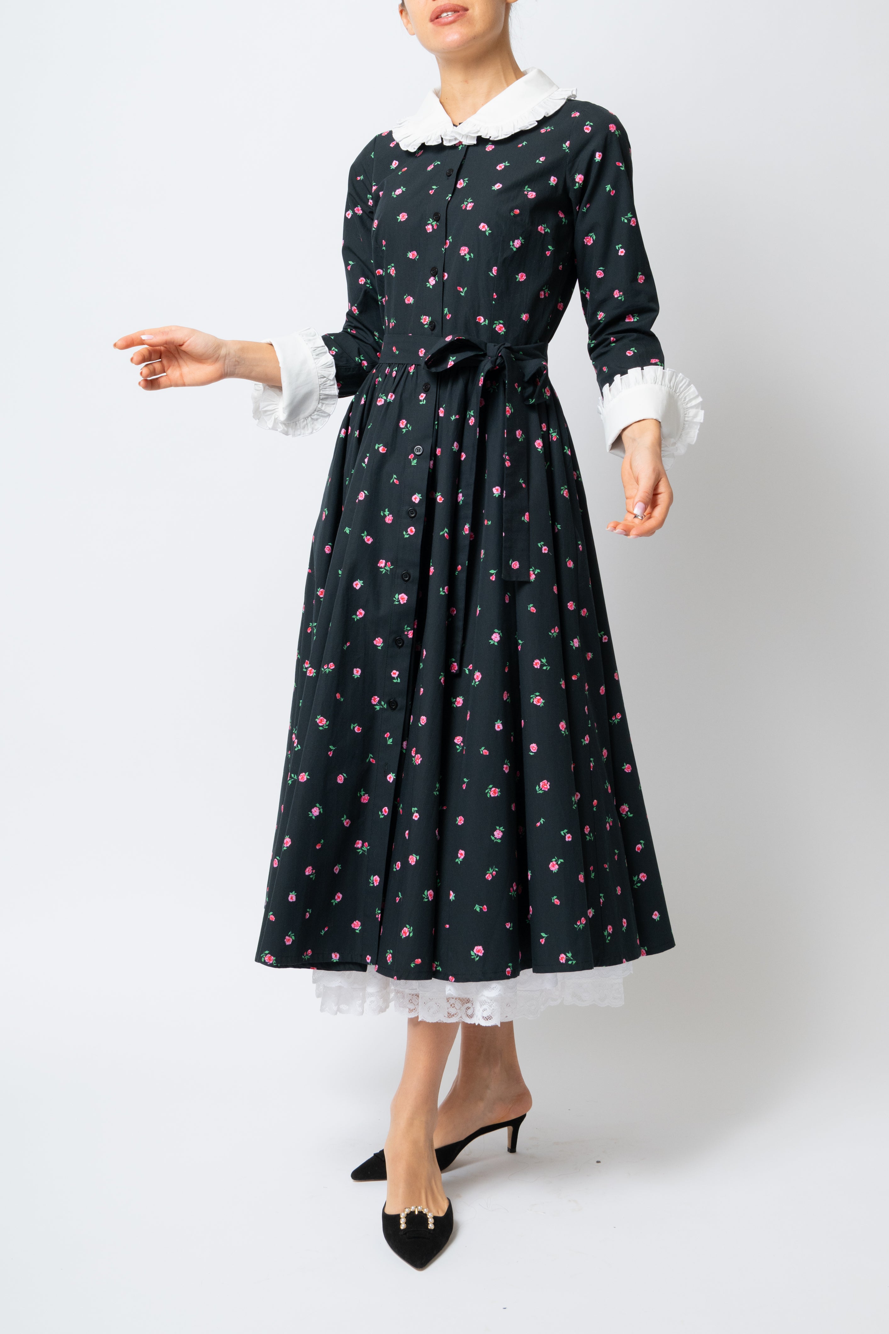 Rochie Camasa Midi cu Imprimeu de Trandafiri mici, din Bumbac