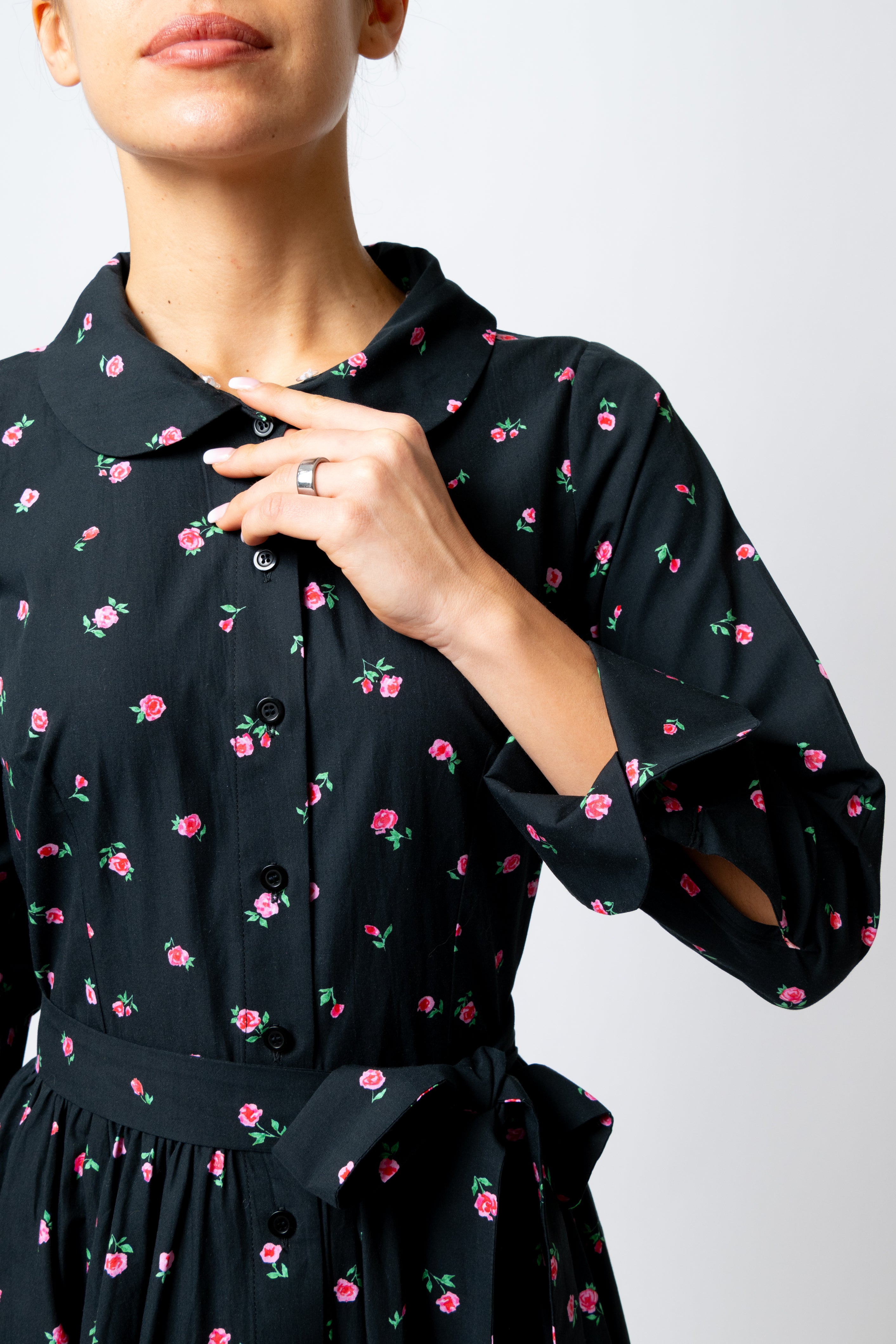 Rochie Camasa Midi cu Imprimeu de Trandafiri mici, din Bumbac