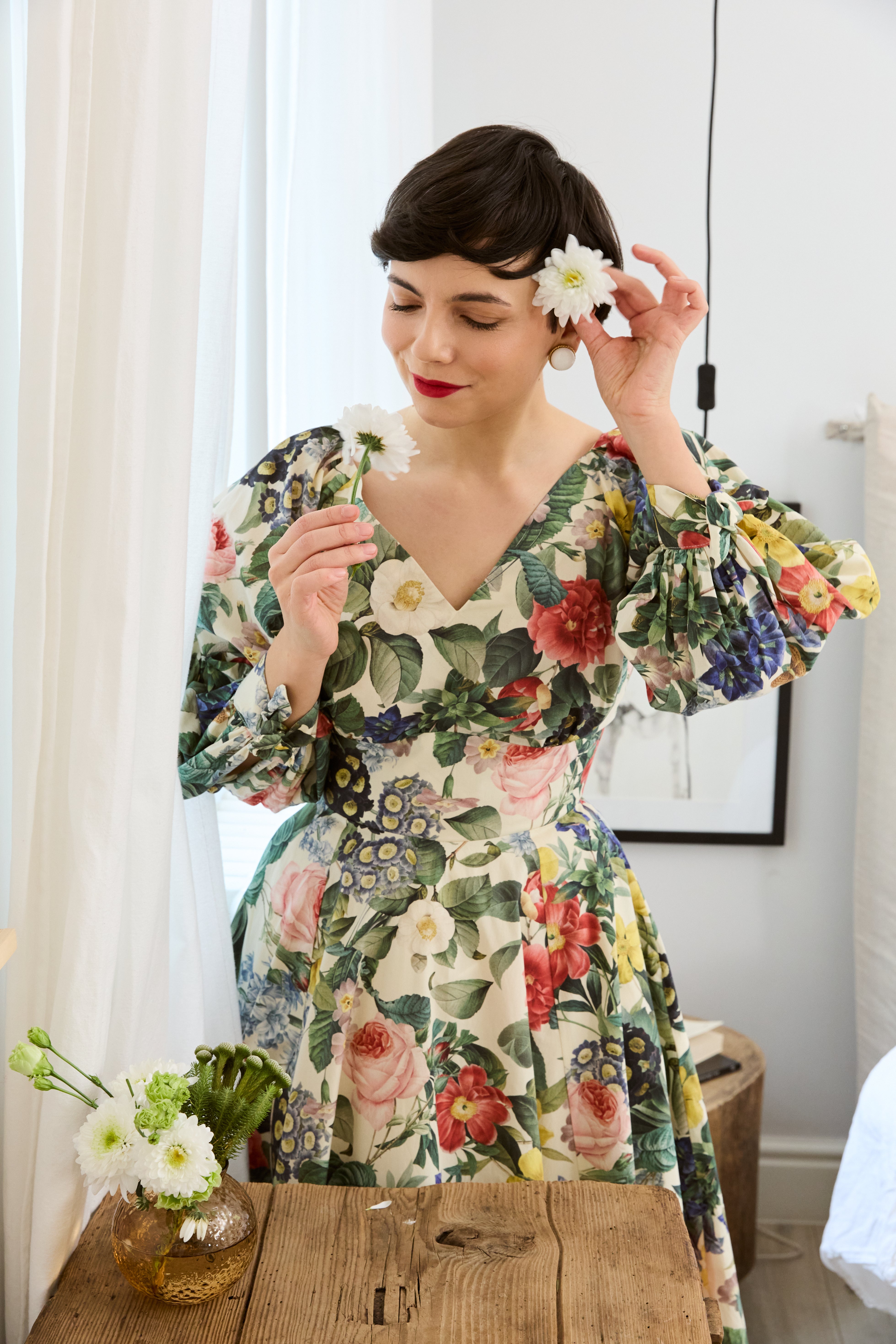 Rochie Midi cu Flori pe Bej, din Bumbac