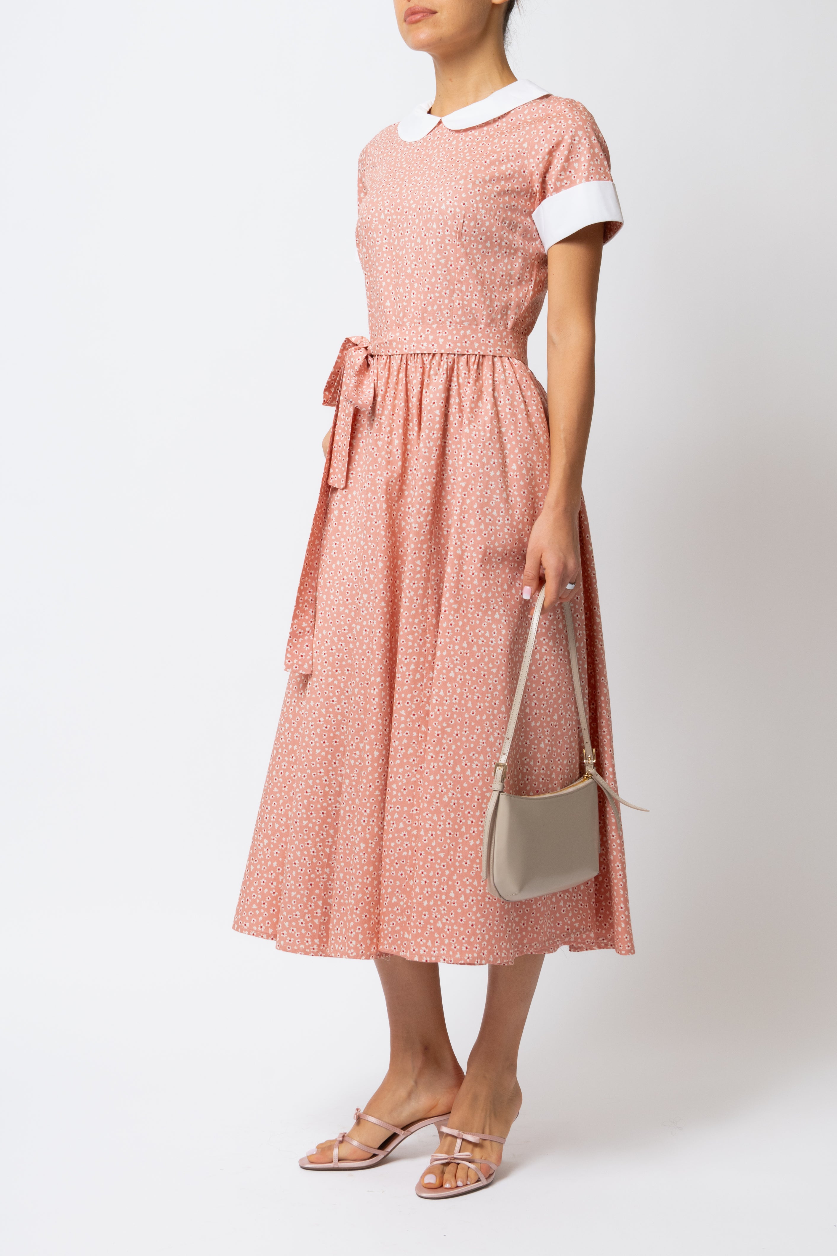 Rochie Midi cu Maneci Scurte, din Bumbac, Roz Prafuit