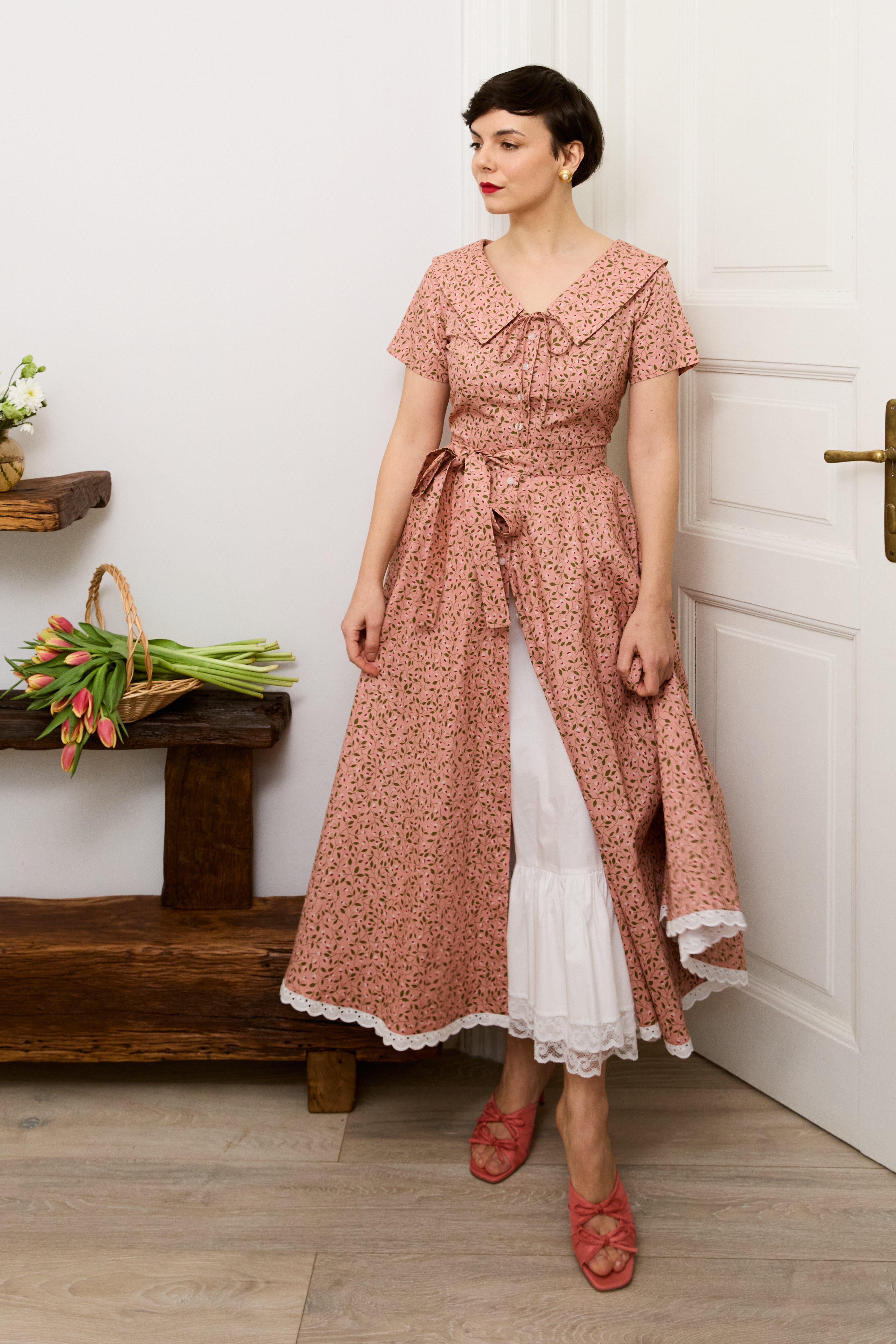 Rochie Camasa Midi cu Guler in V, din Bumbac Roz Somon