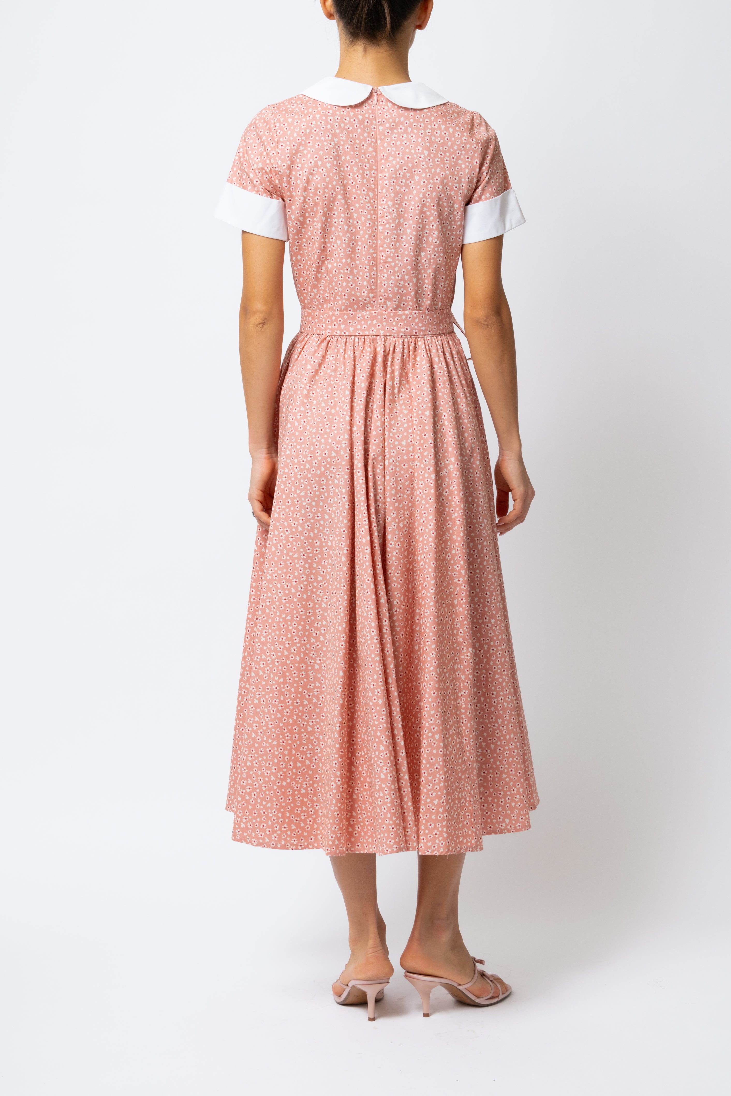 Rochie Midi cu Maneci Scurte, din Bumbac, Roz Prafuit