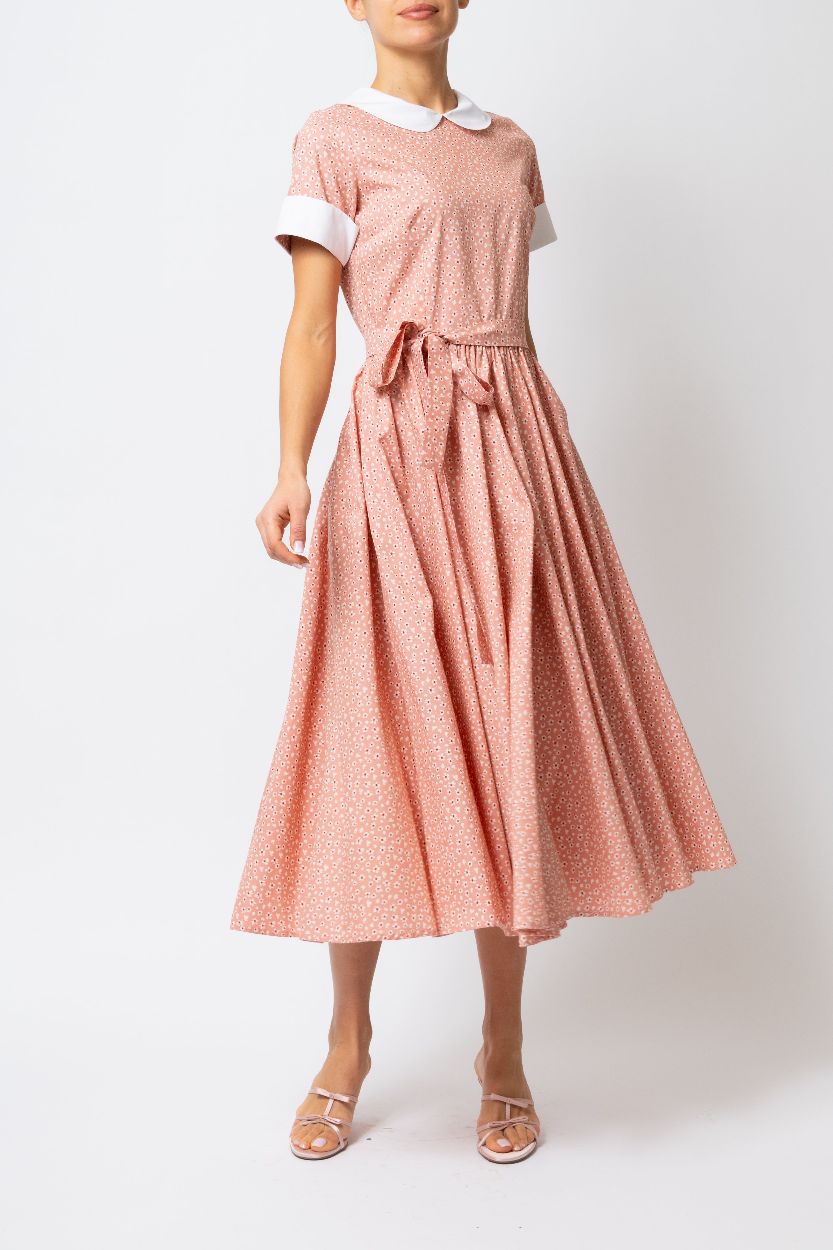 Rochie Midi cu Maneci Scurte, din Bumbac, Roz Prafuit