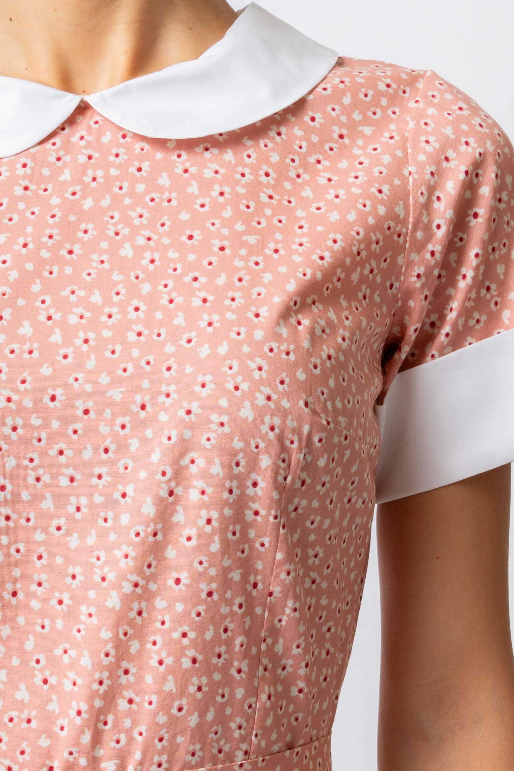 Rochie Midi cu Maneci Scurte, din Bumbac, Roz Prafuit