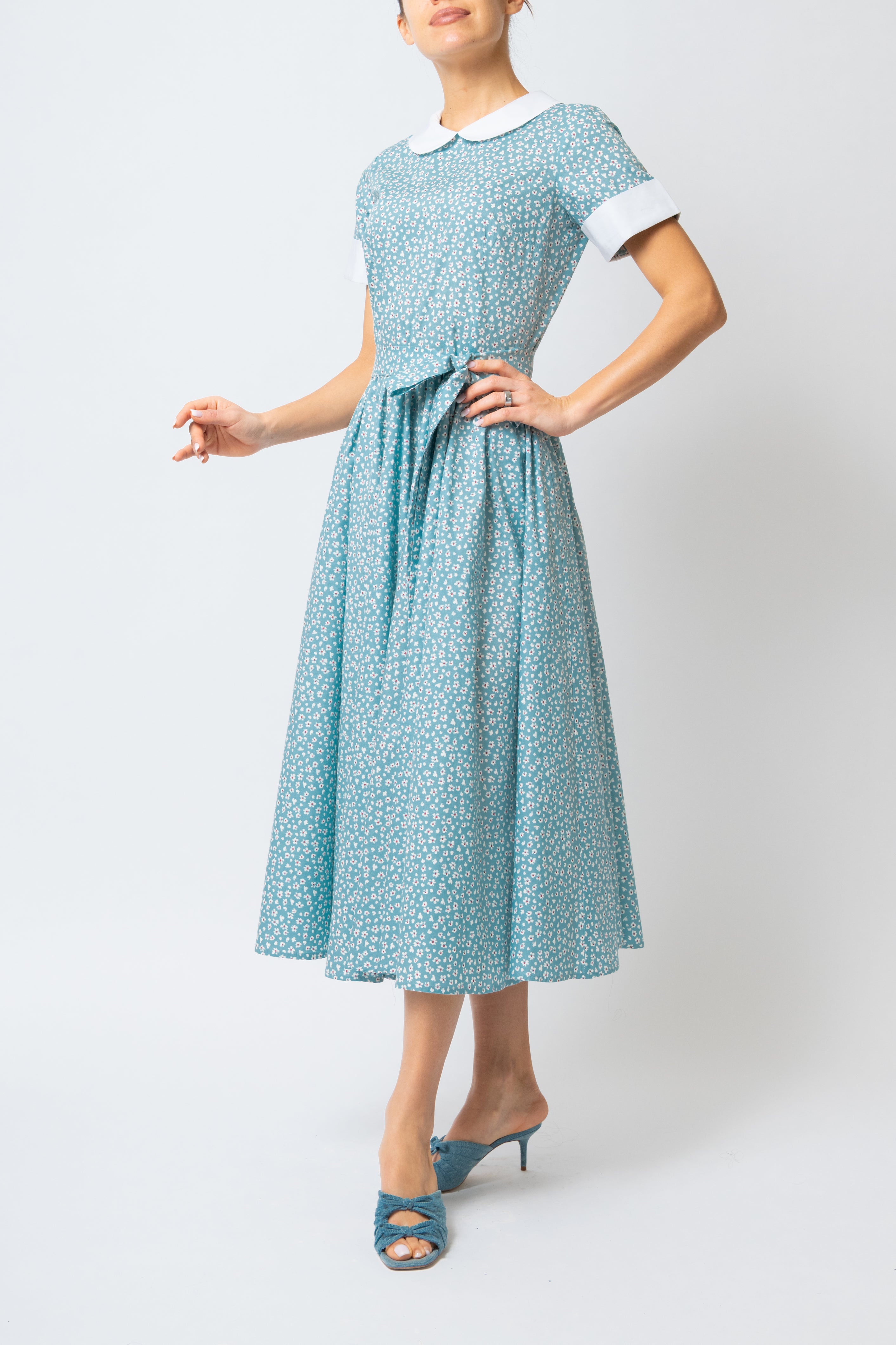 Rochie Midi cu Maneci Scurte, din Bumbac, Bleu Deschis