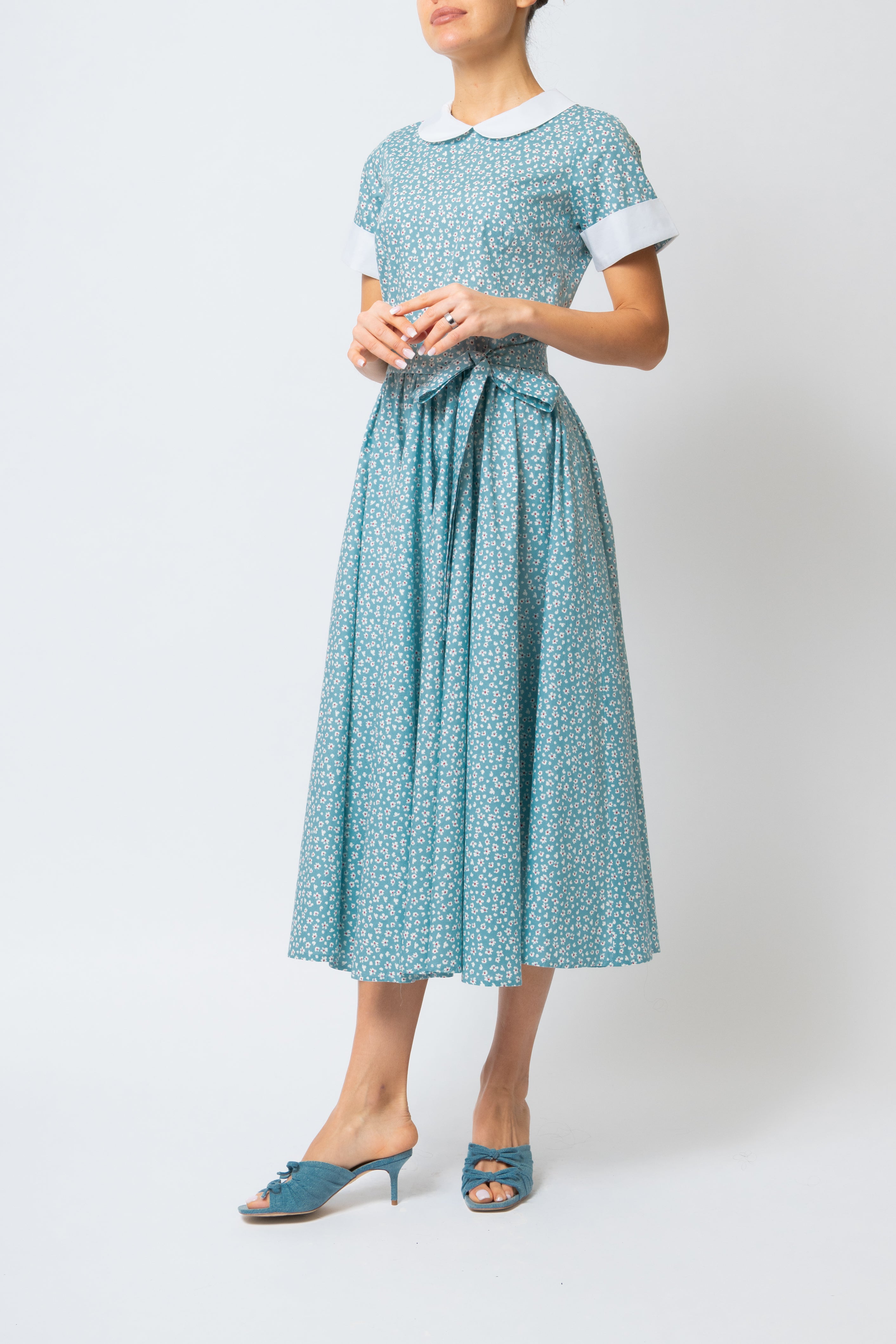 Rochie Midi cu Maneci Scurte, din Bumbac, Bleu Deschis