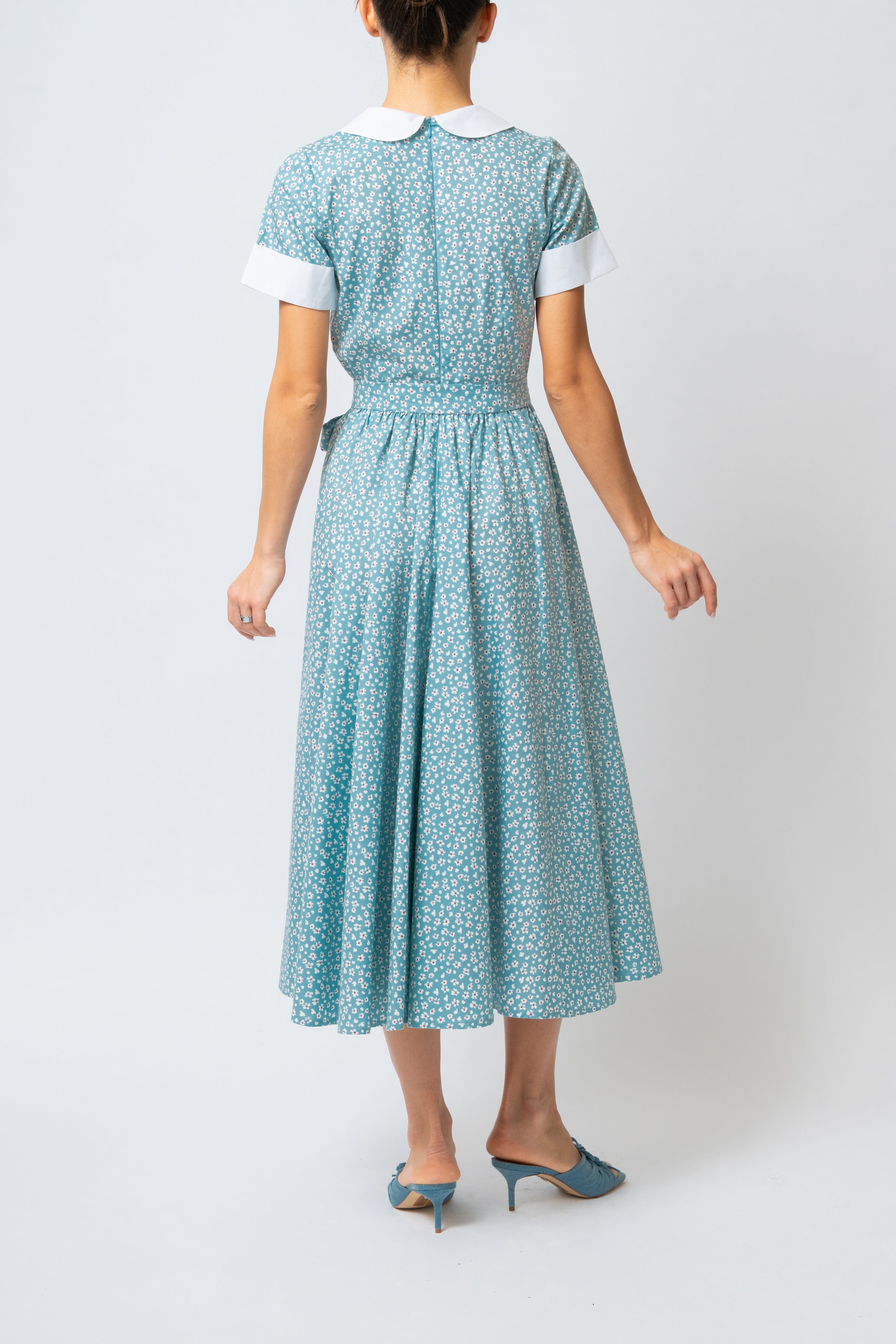 Rochie Midi cu Maneci Scurte, din Bumbac, Bleu Deschis