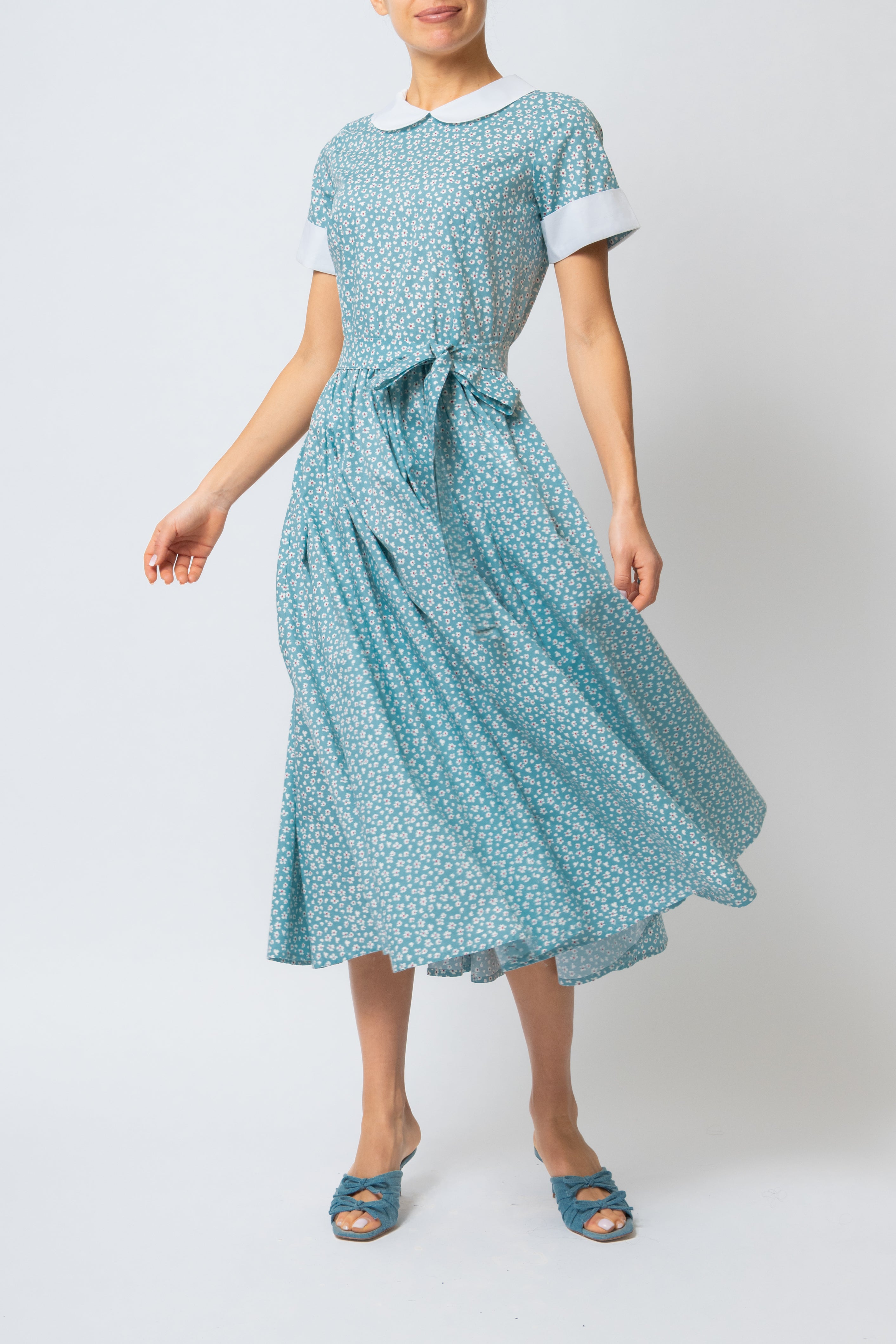 Rochie Midi cu Maneci Scurte, din Bumbac, Bleu Deschis