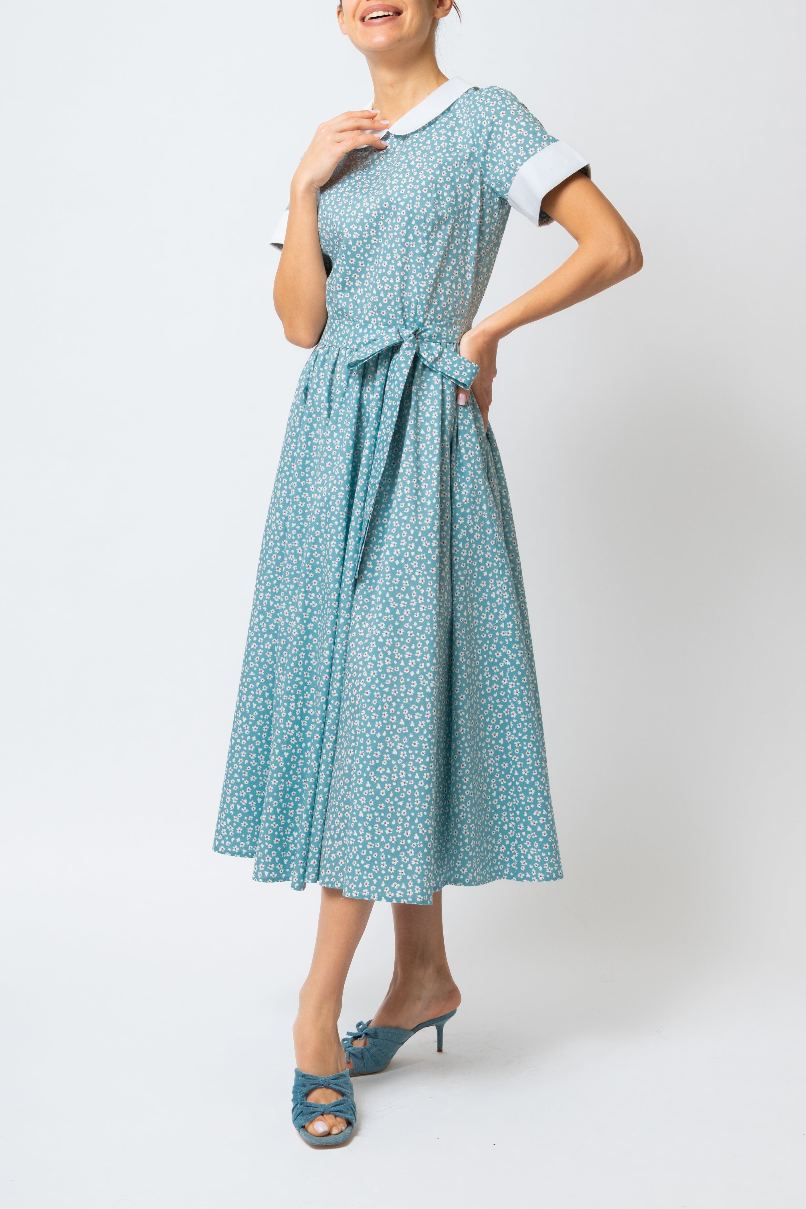 Rochie Midi cu Maneci Scurte, din Bumbac, Bleu Deschis