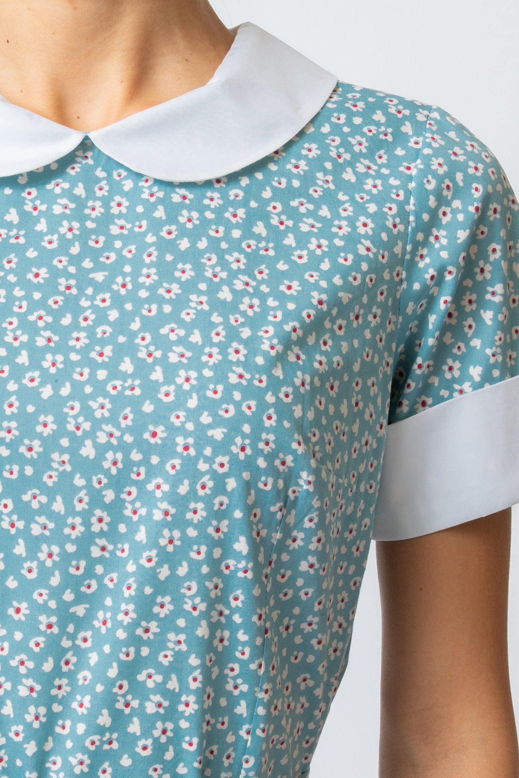 Rochie Midi cu Maneci Scurte, din Bumbac, Bleu Deschis