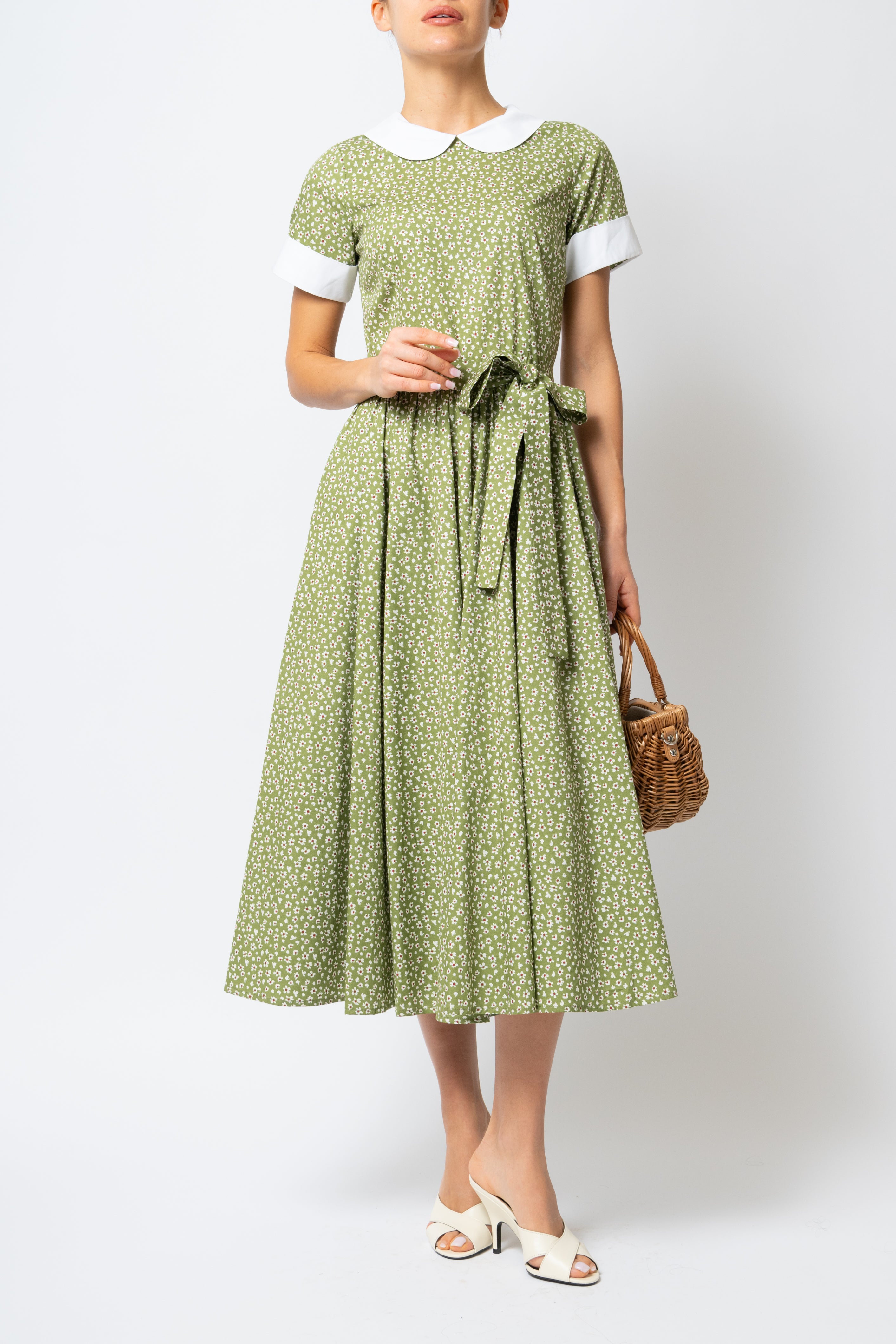 Rochie Midi cu Maneci Scurte, din Bumbac, Verde Olive
