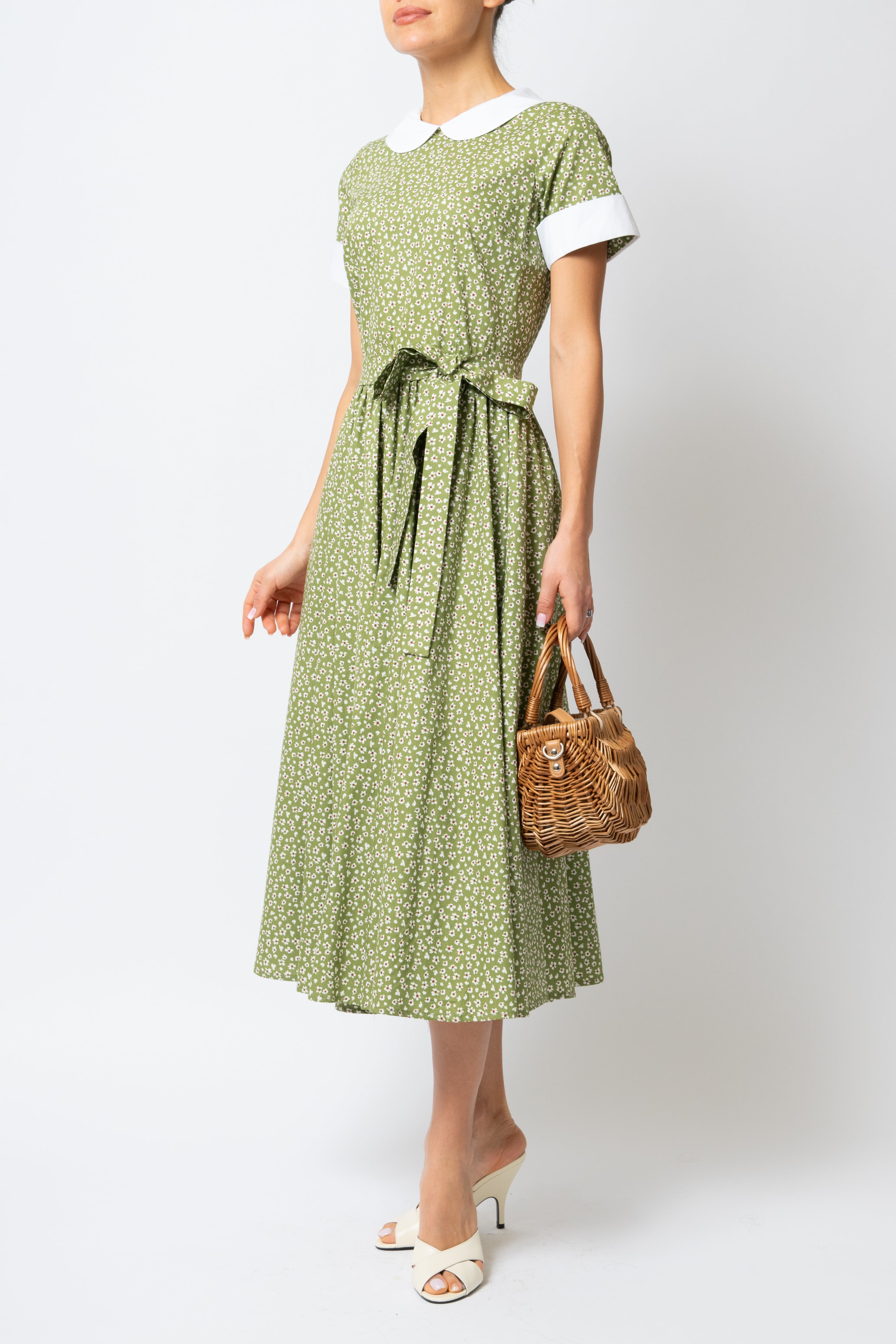 Rochie Midi cu Maneci Scurte, din Bumbac, Verde Olive