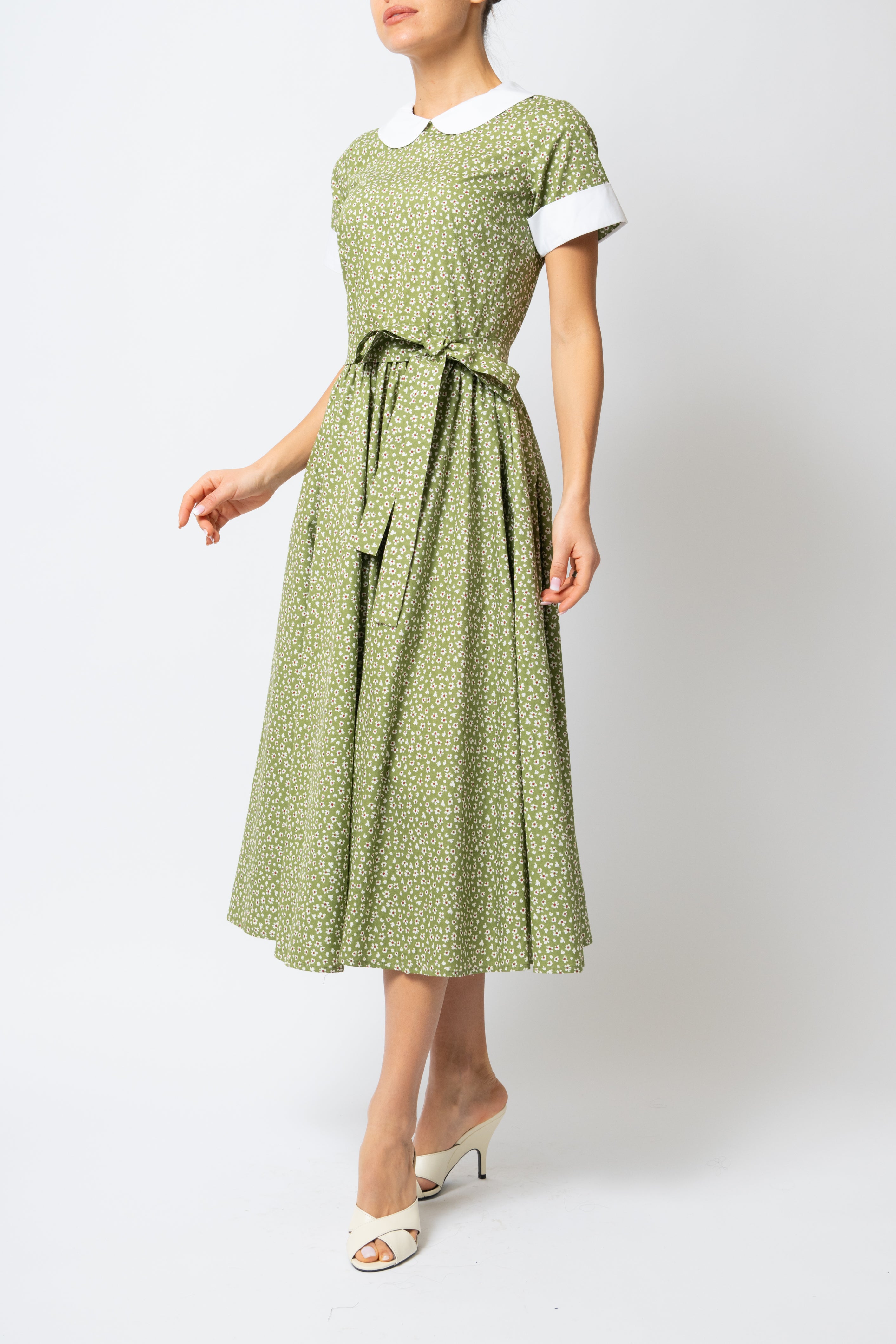 Rochie Midi cu Maneci Scurte, din Bumbac, Verde Olive