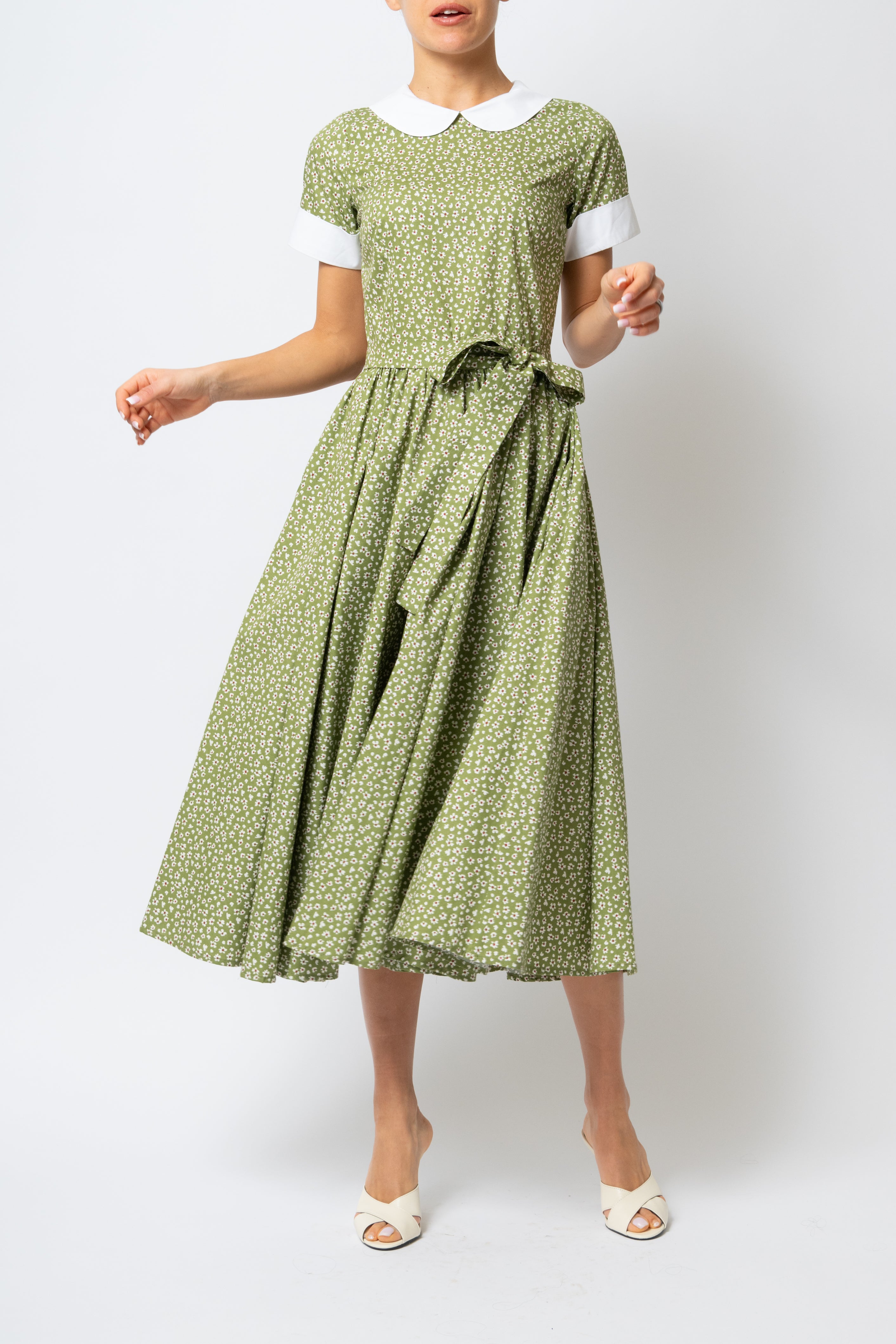 Rochie Midi cu Maneci Scurte, din Bumbac, Verde Olive