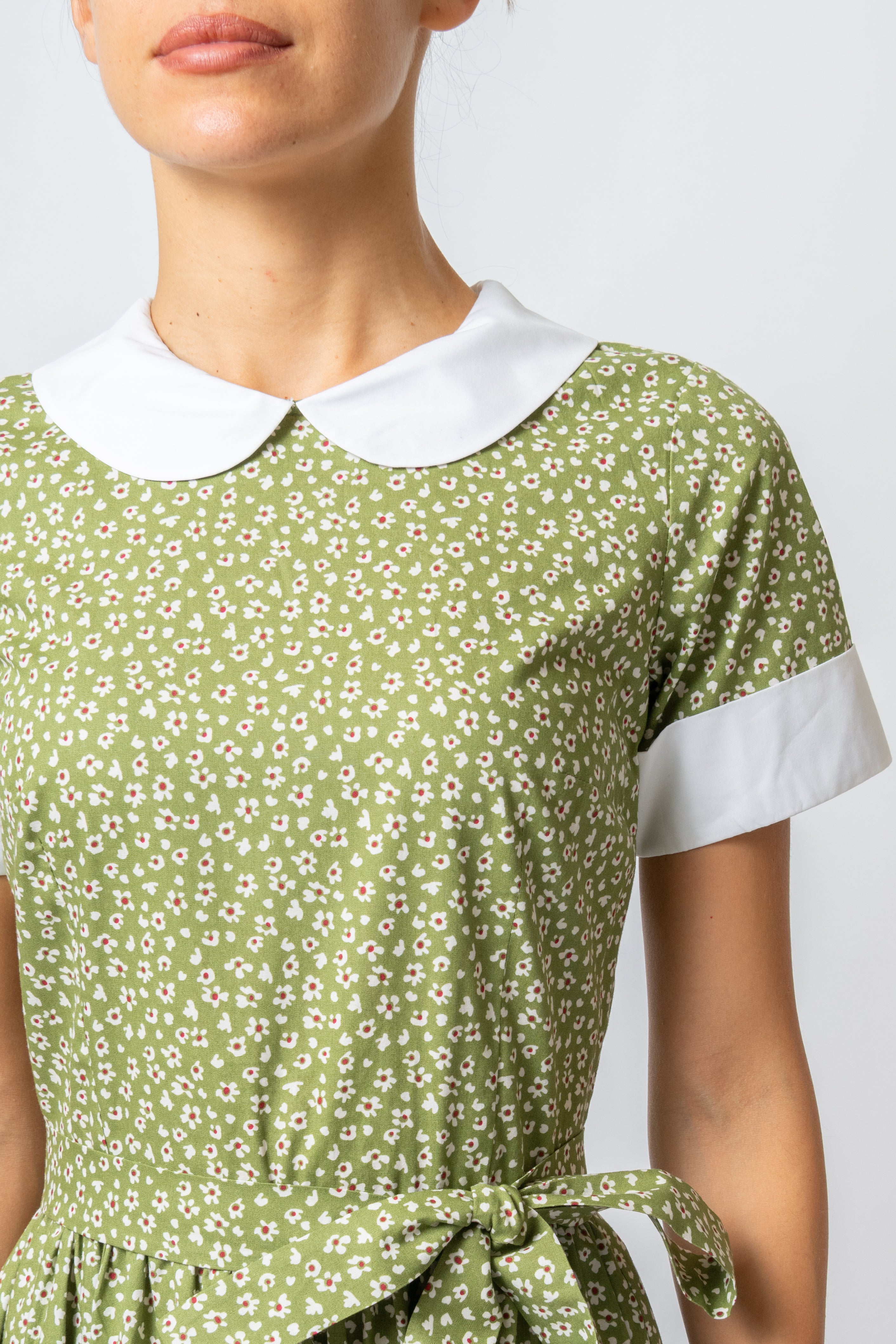 Rochie Midi cu Maneci Scurte, din Bumbac, Verde Olive