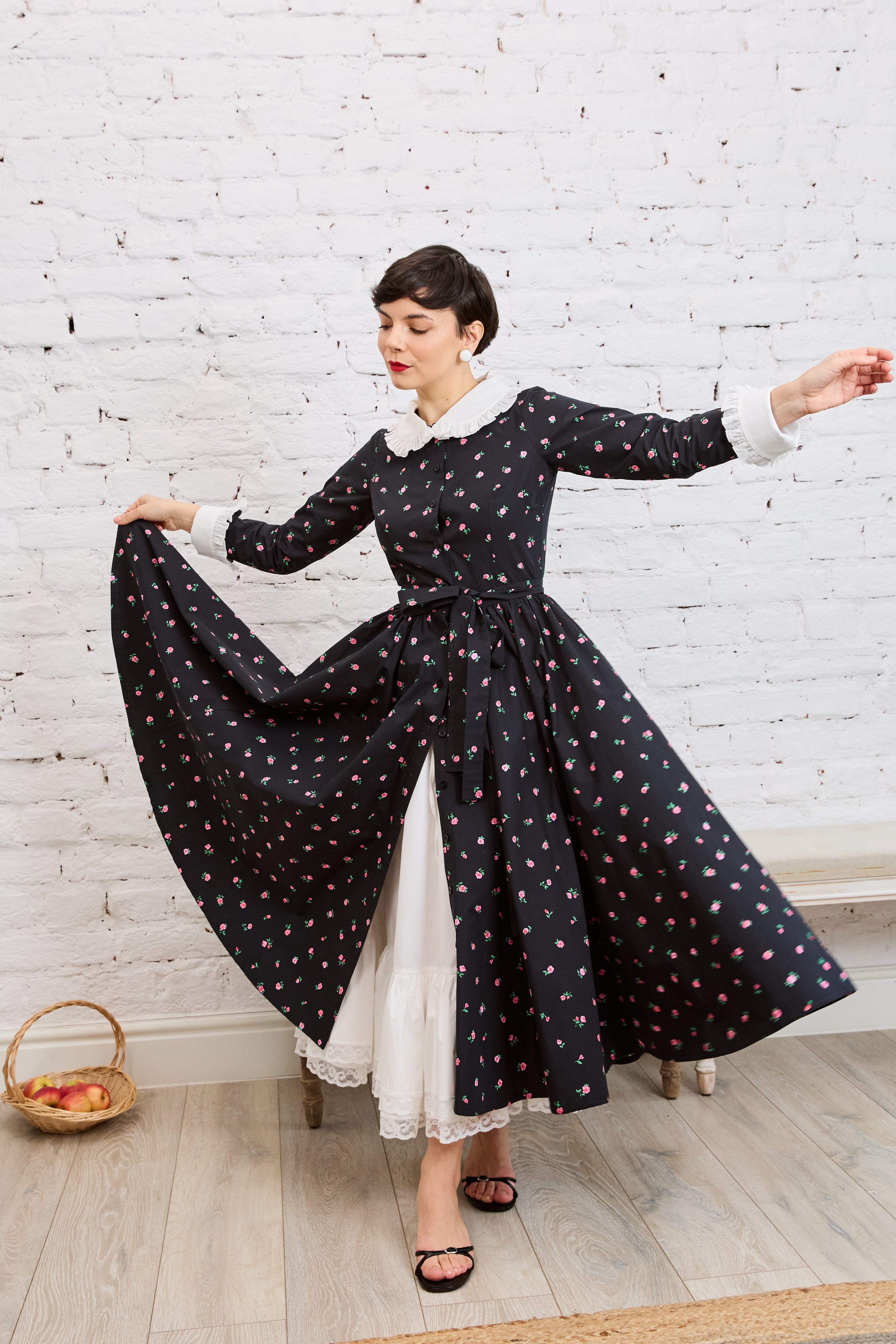 Rochie Camasa Midi cu Imprimeu de Trandafiri mici, din Bumbac