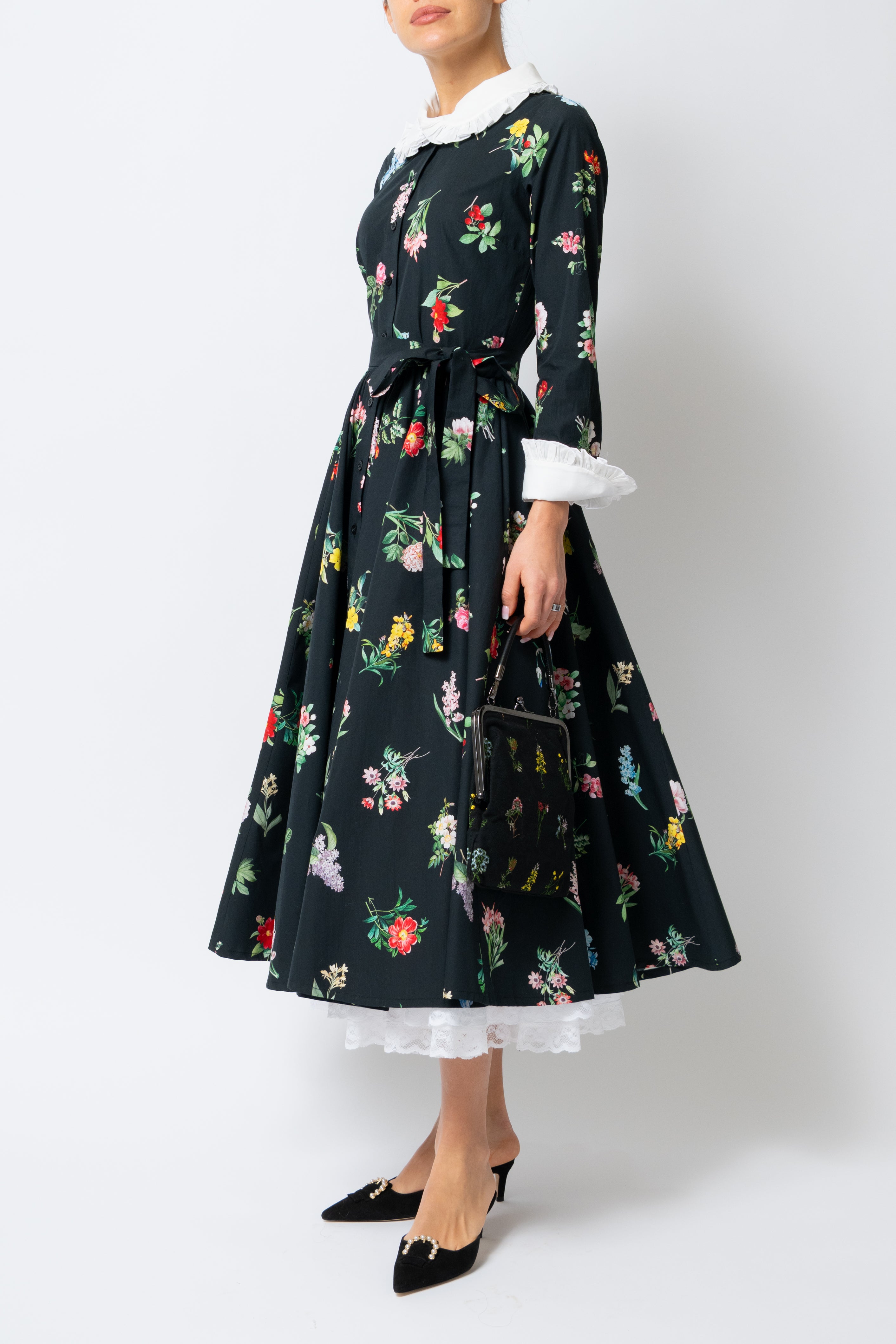 Milla Milla midi dress with floral print on black background – limited edition, available by pre-order only