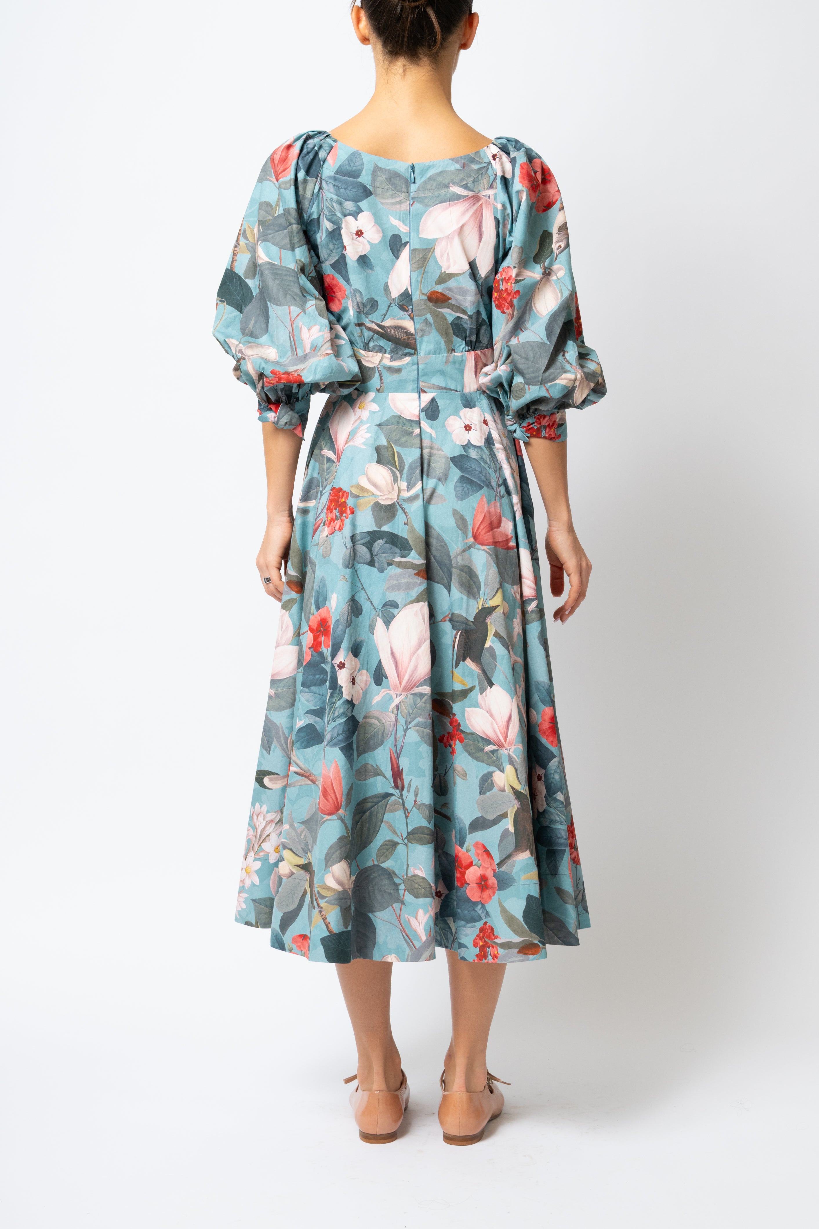 Rochie Midi cu Flori si Pasari pe Albastru Petrol, din Bumbac