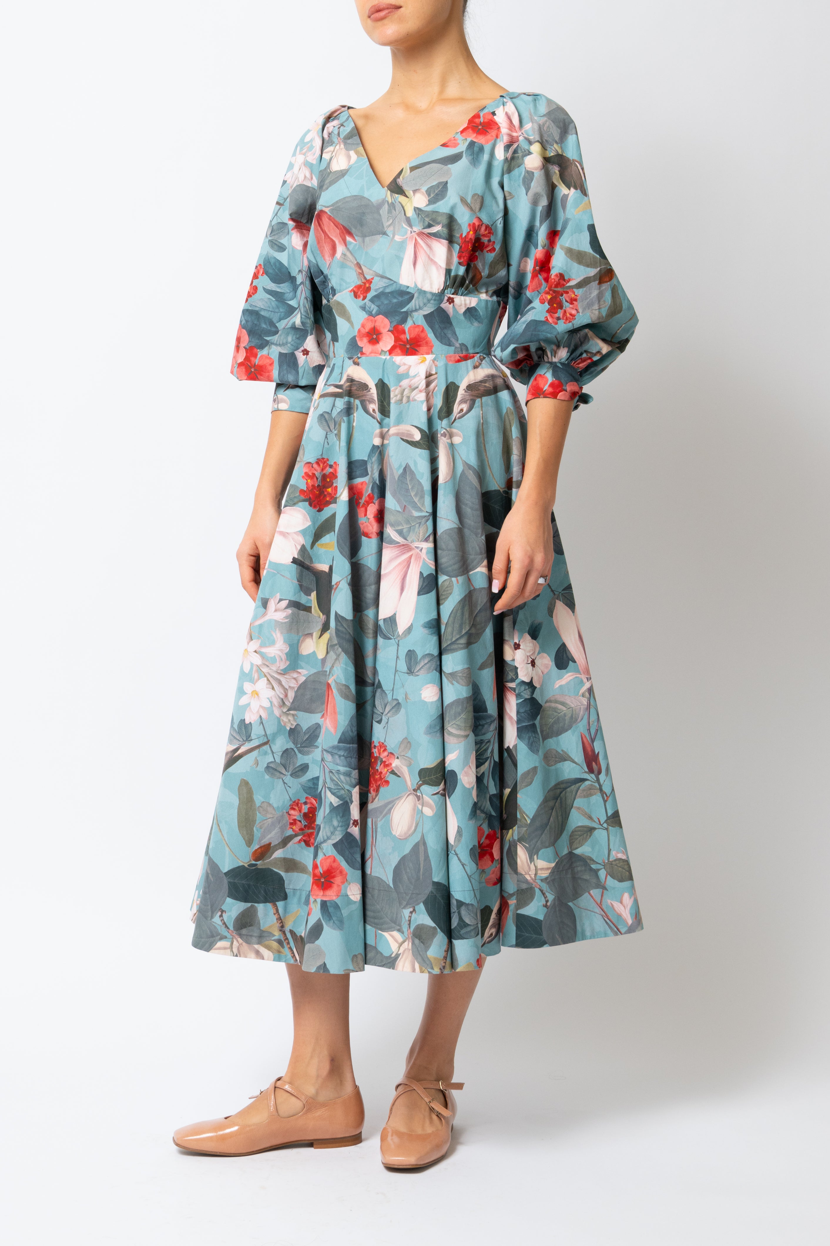 Rochie Midi cu Flori si Pasari pe Albastru Petrol, din Bumbac