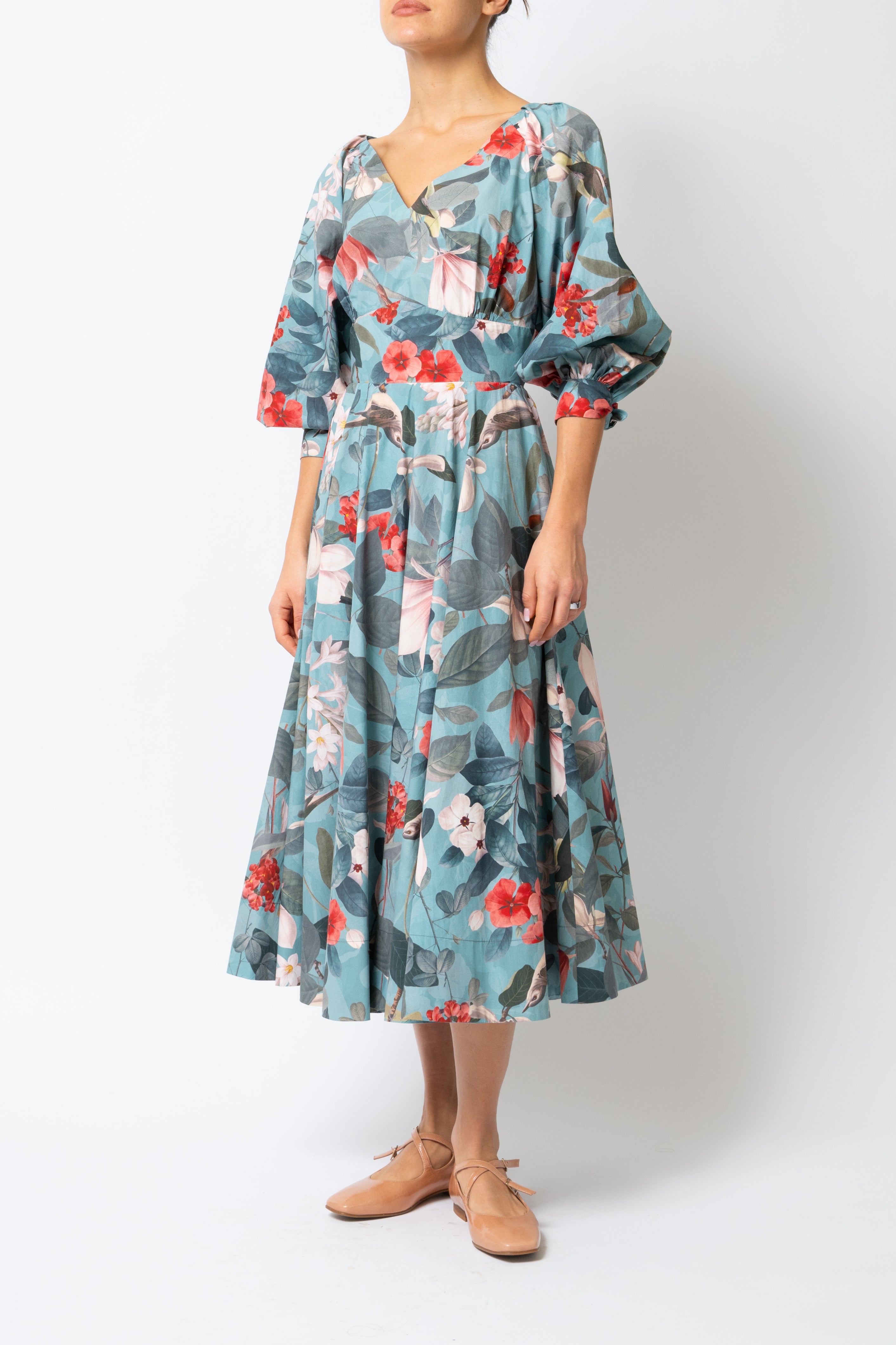 Rochie Midi cu Flori si Pasari pe Albastru Petrol, din Bumbac