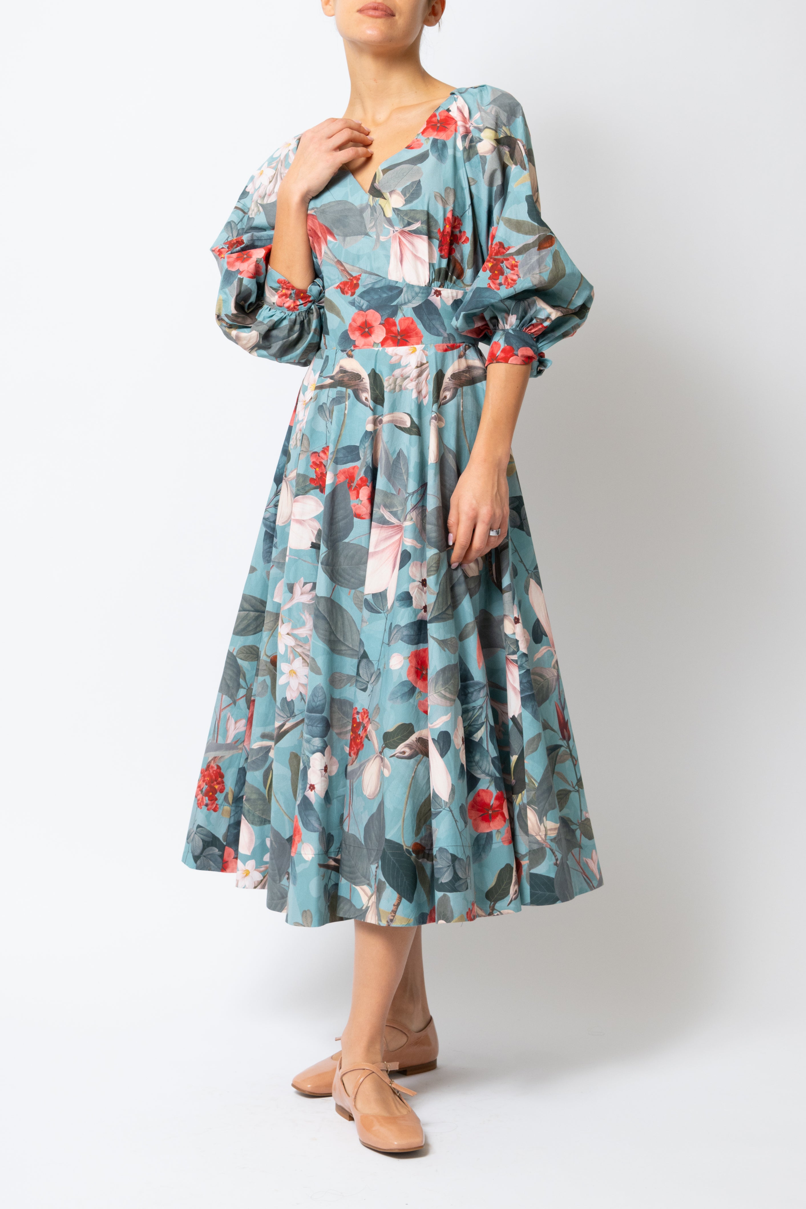 Rochie Midi cu Flori si Pasari pe Albastru Petrol, din Bumbac