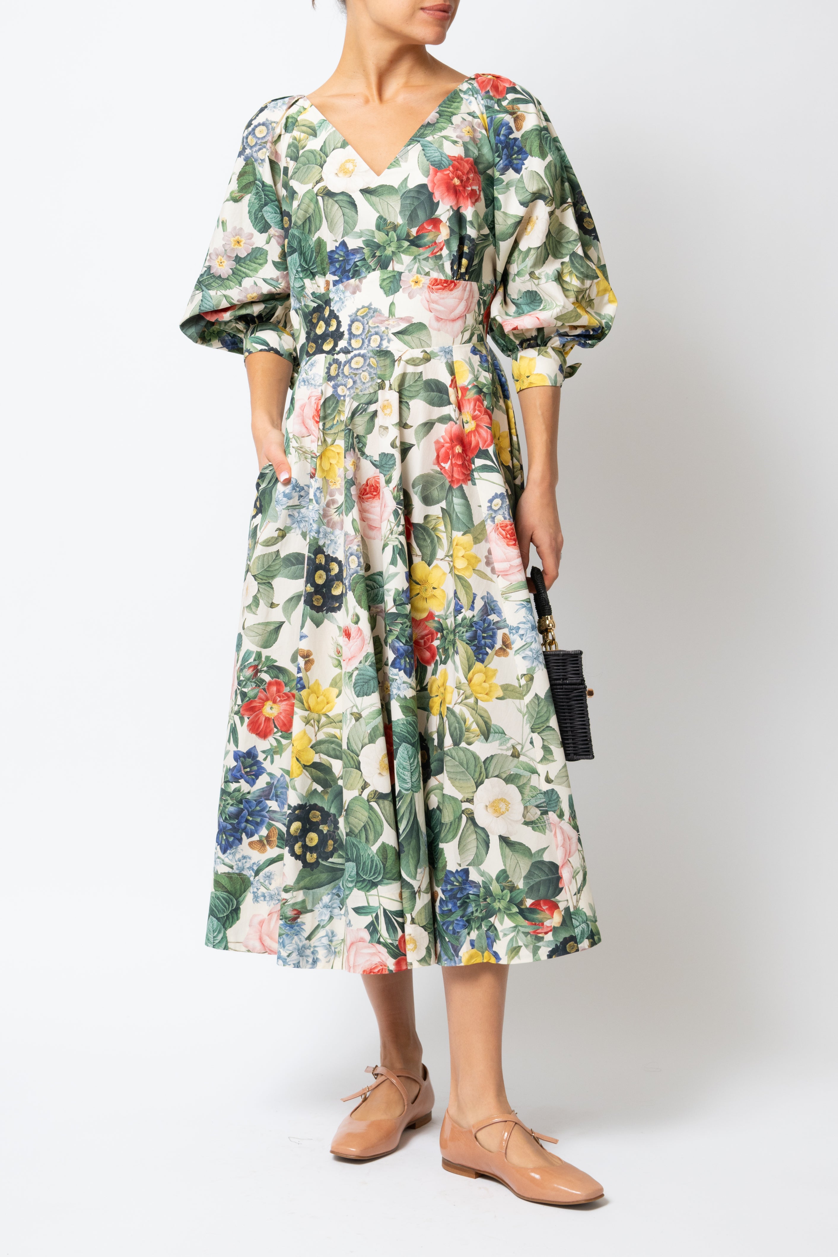 Rochie Midi cu Flori pe Bej, din Bumbac