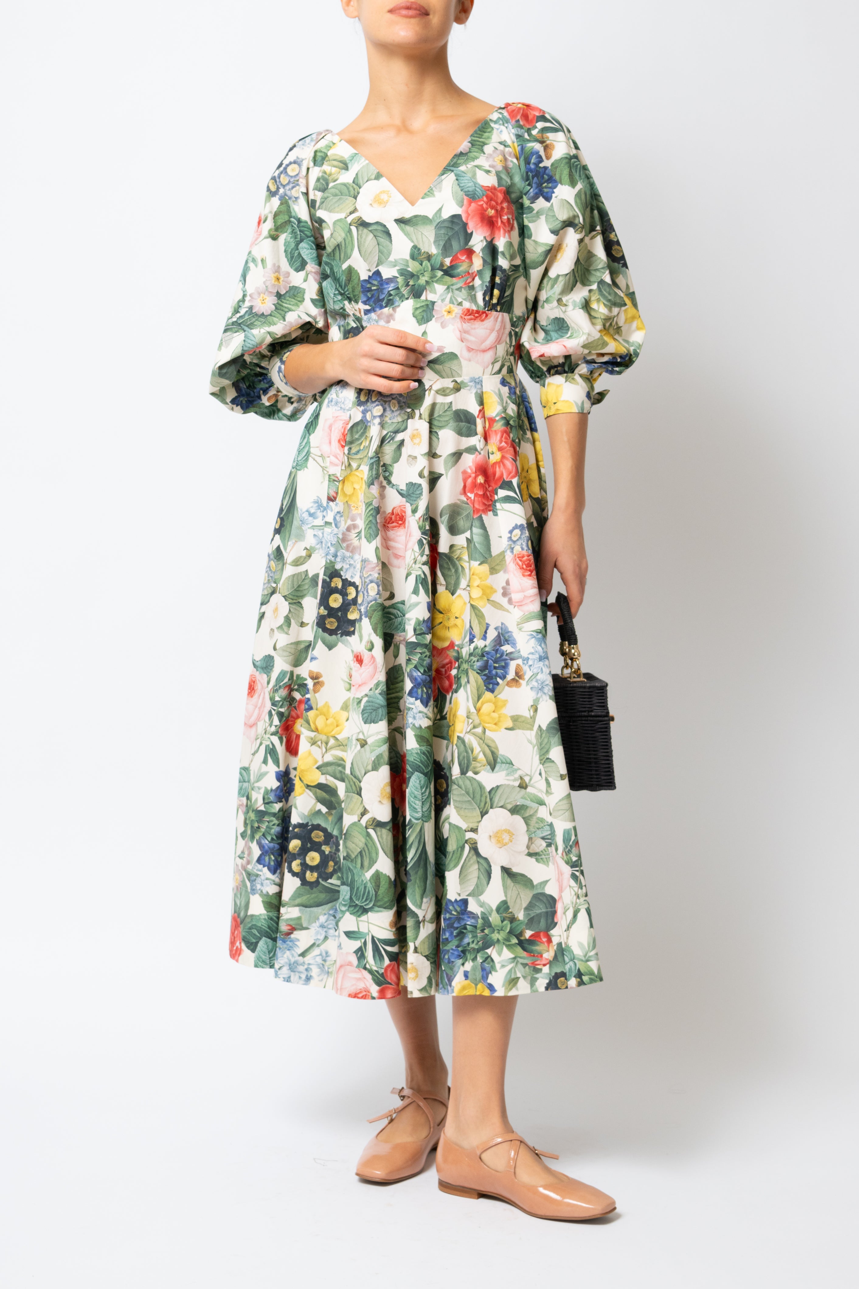 Rochie Midi cu Flori pe Bej, din Bumbac