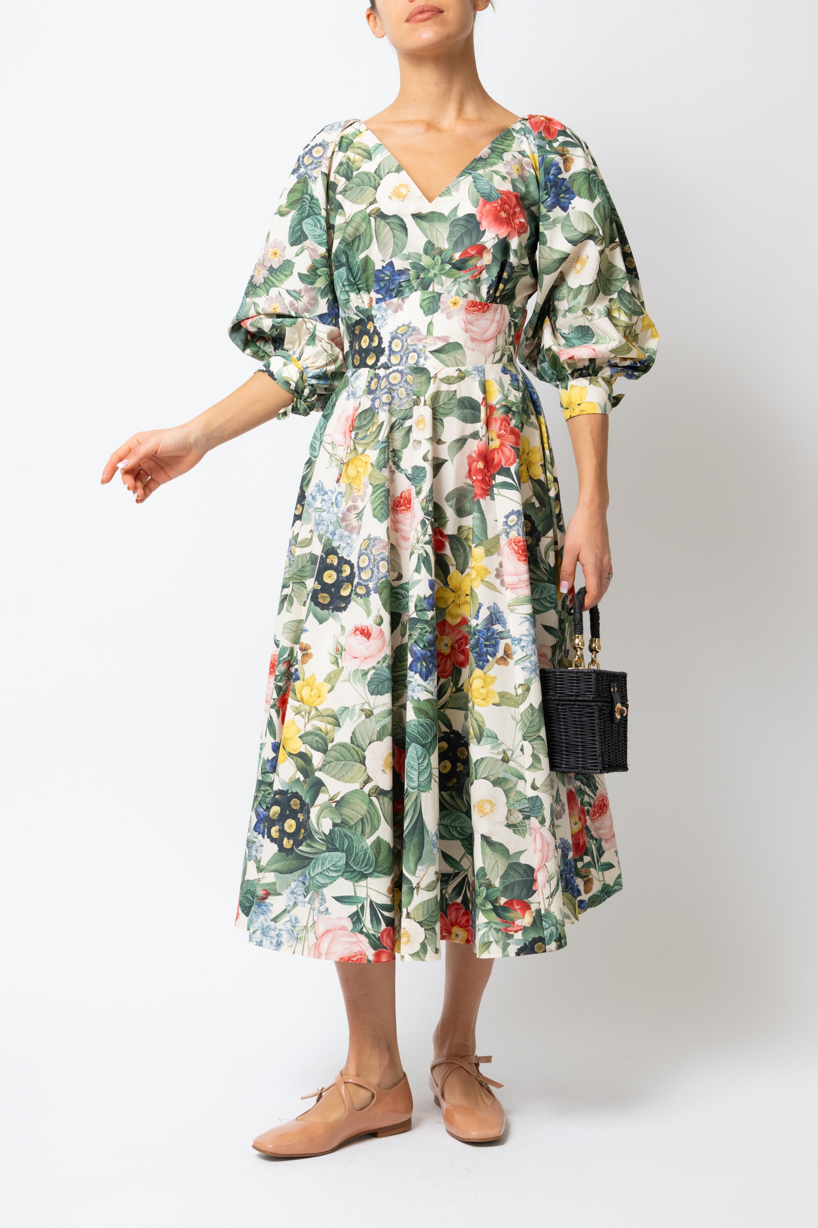 Rochie Midi cu Flori pe Bej, din Bumbac