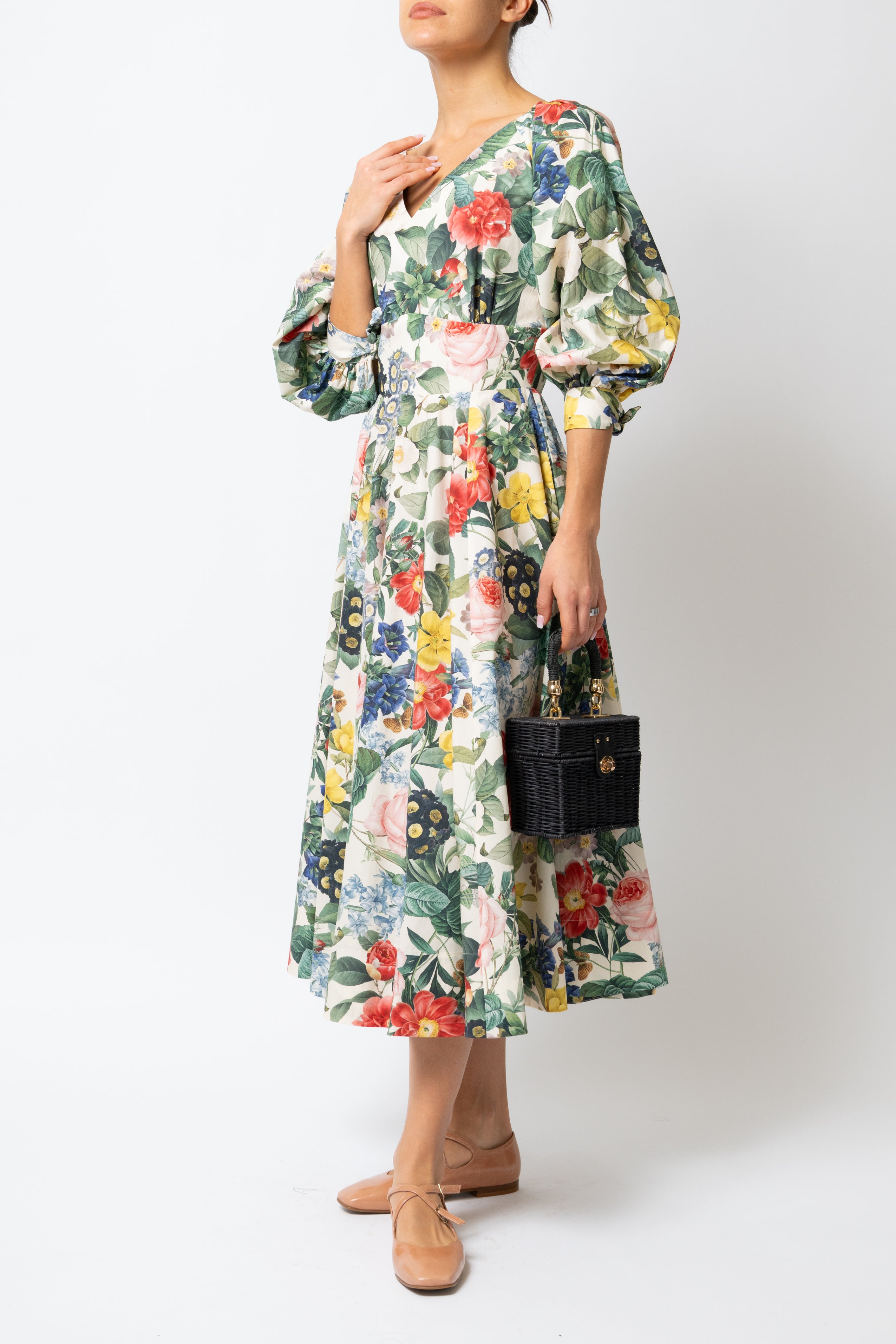 Rochie Midi cu Flori pe Bej, din Bumbac