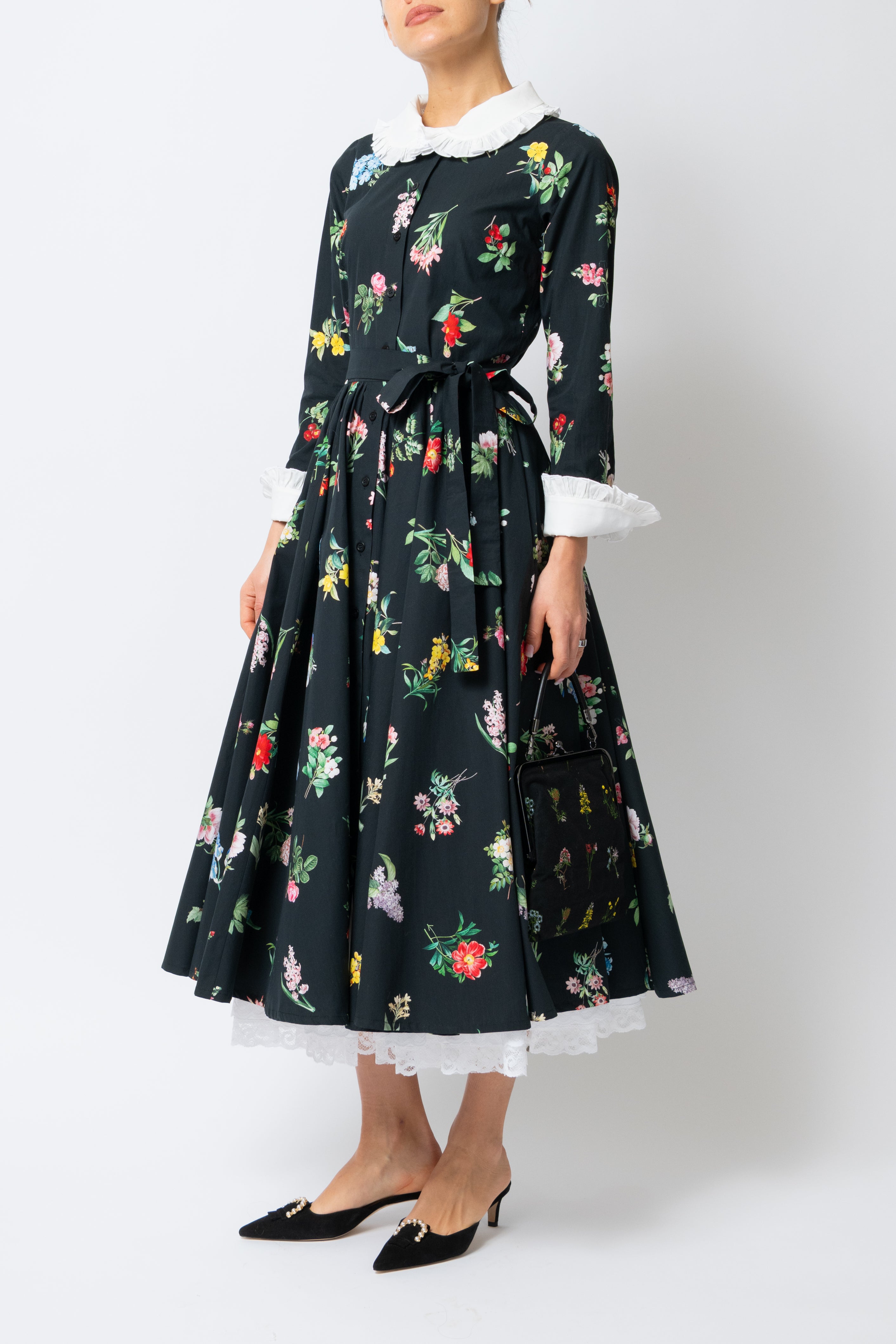 Milla Milla midi dress with floral print on black background – limited edition, available by pre-order only