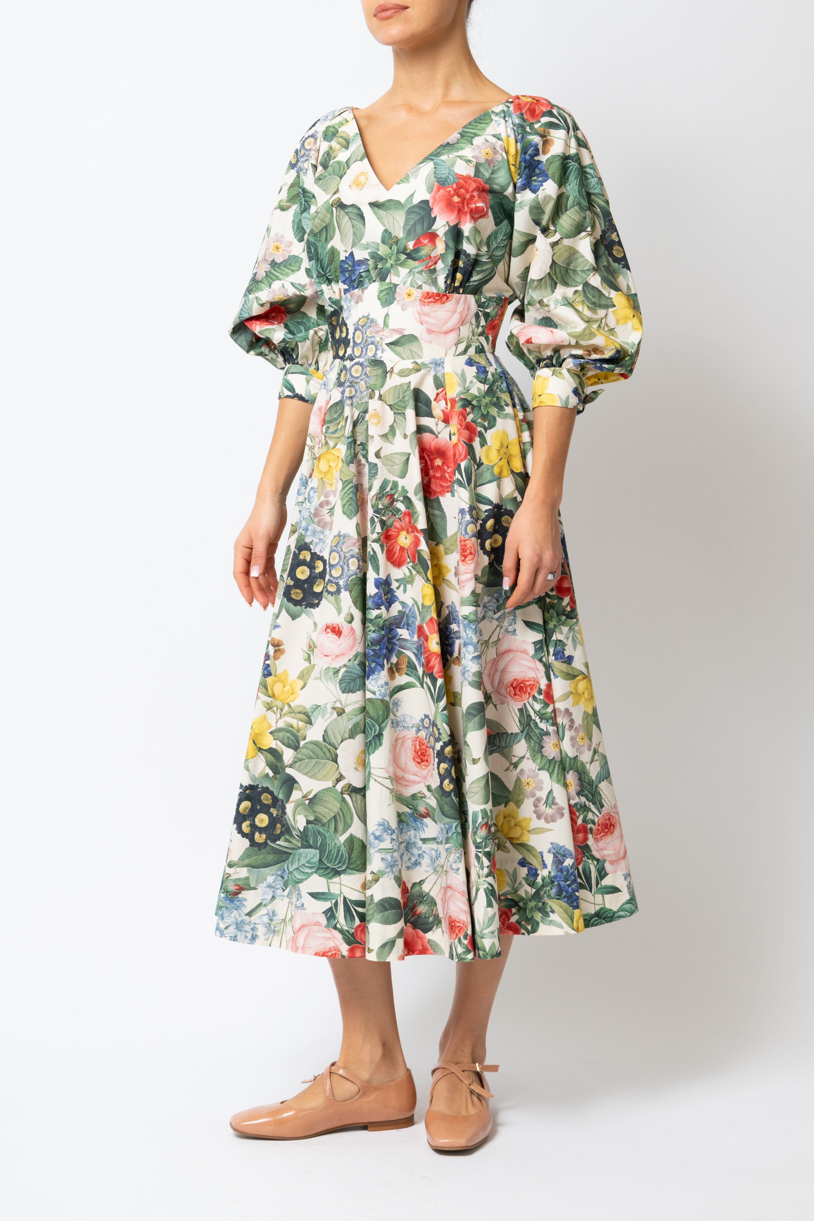 Rochie Midi cu Flori pe Bej, din Bumbac