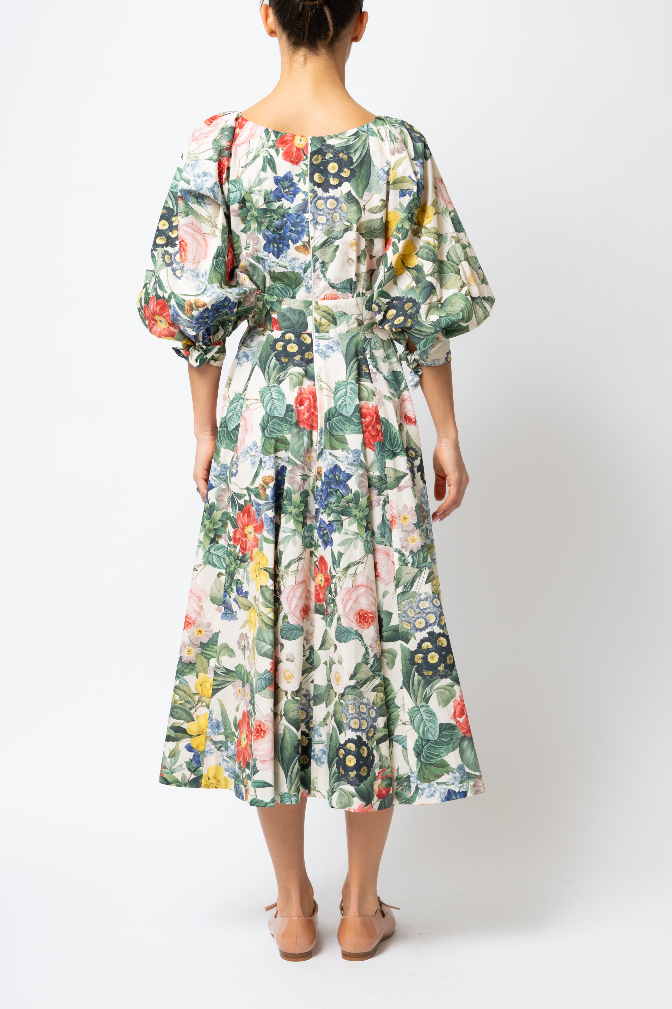 Rochie Midi cu Flori pe Bej, din Bumbac