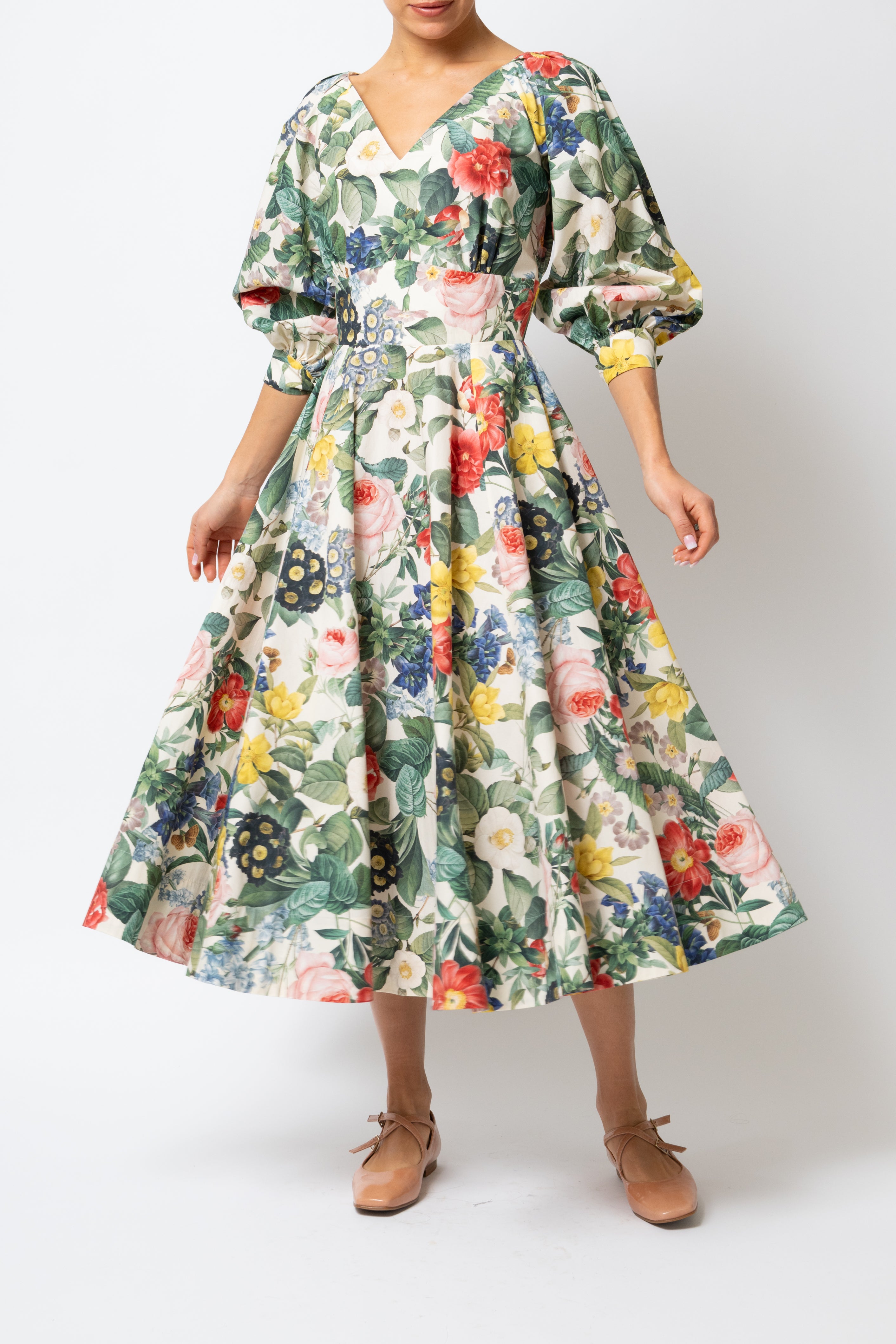 Rochie Midi cu Flori pe Bej, din Bumbac