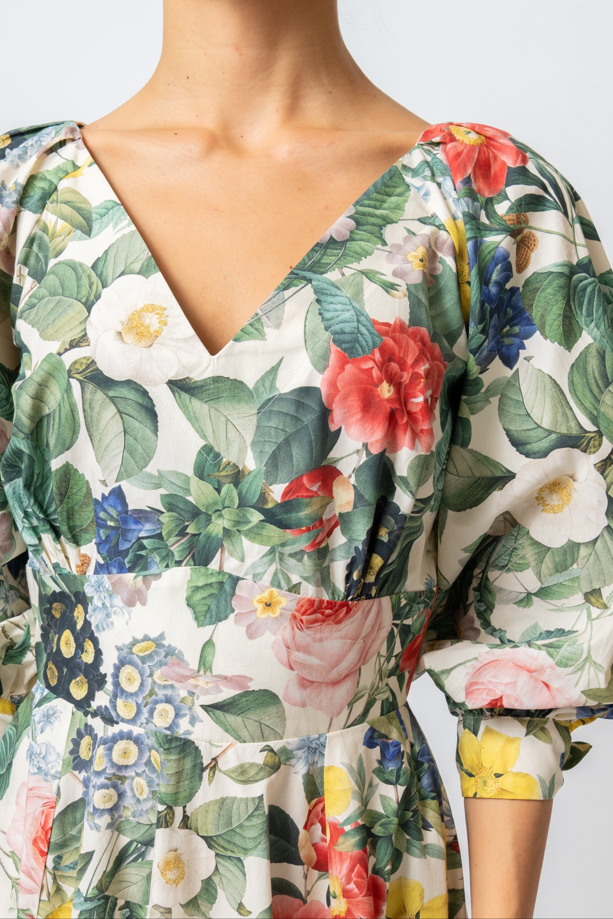 Rochie Midi cu Flori pe Bej, din Bumbac