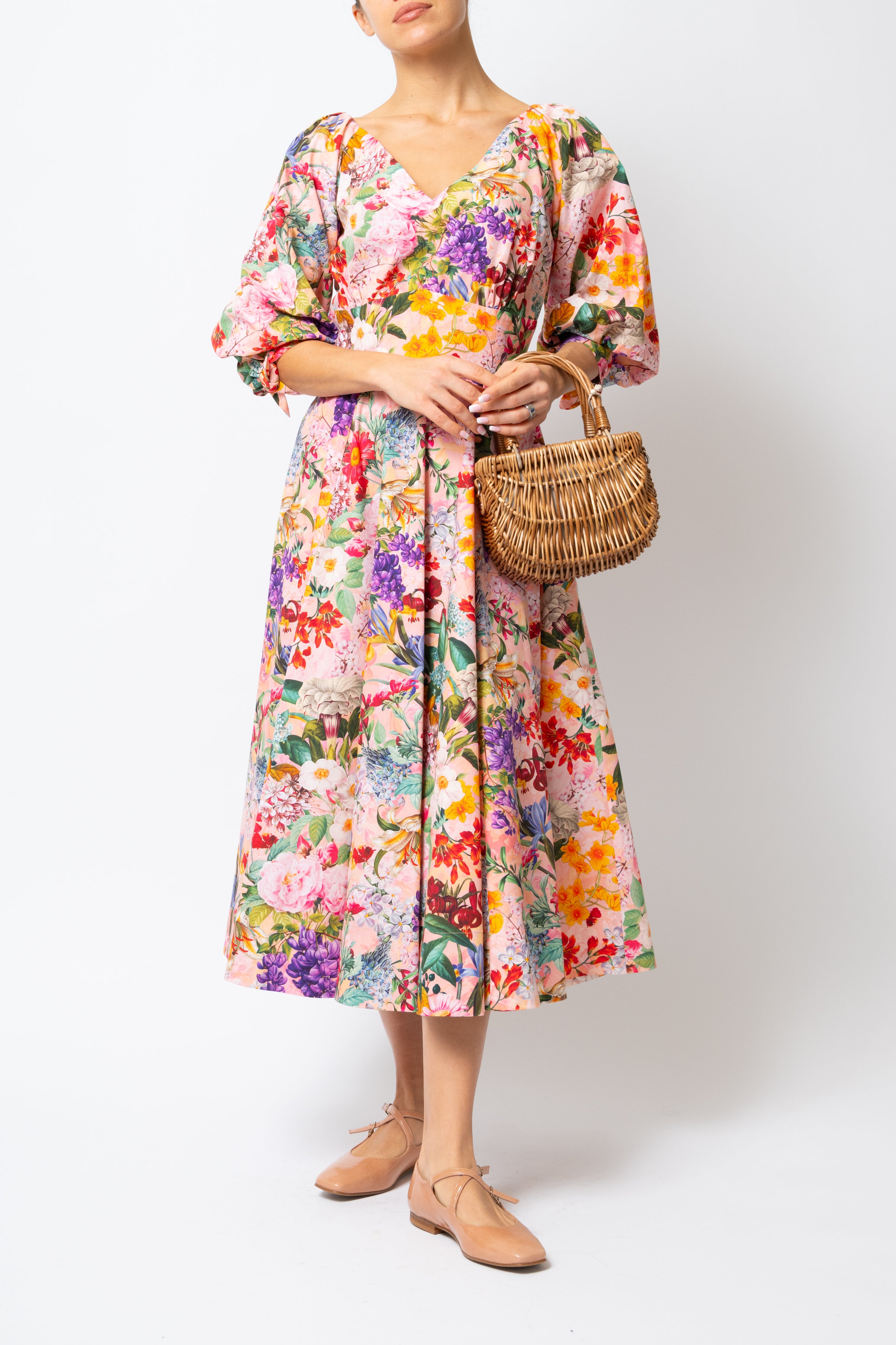 Rochie Midi cu Flori pe Roz, din Bumbac