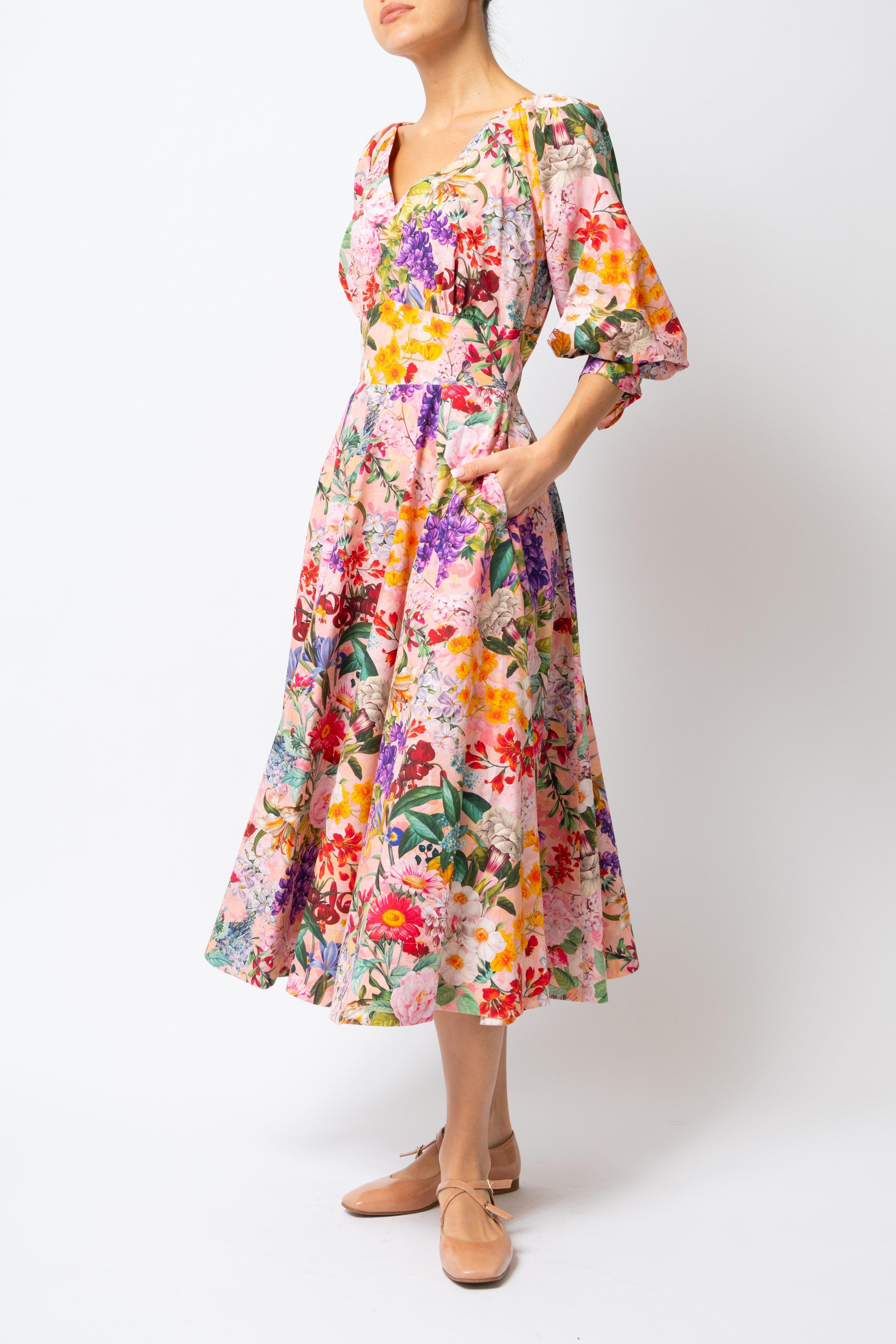 Rochie Midi cu Flori pe Roz, din Bumbac