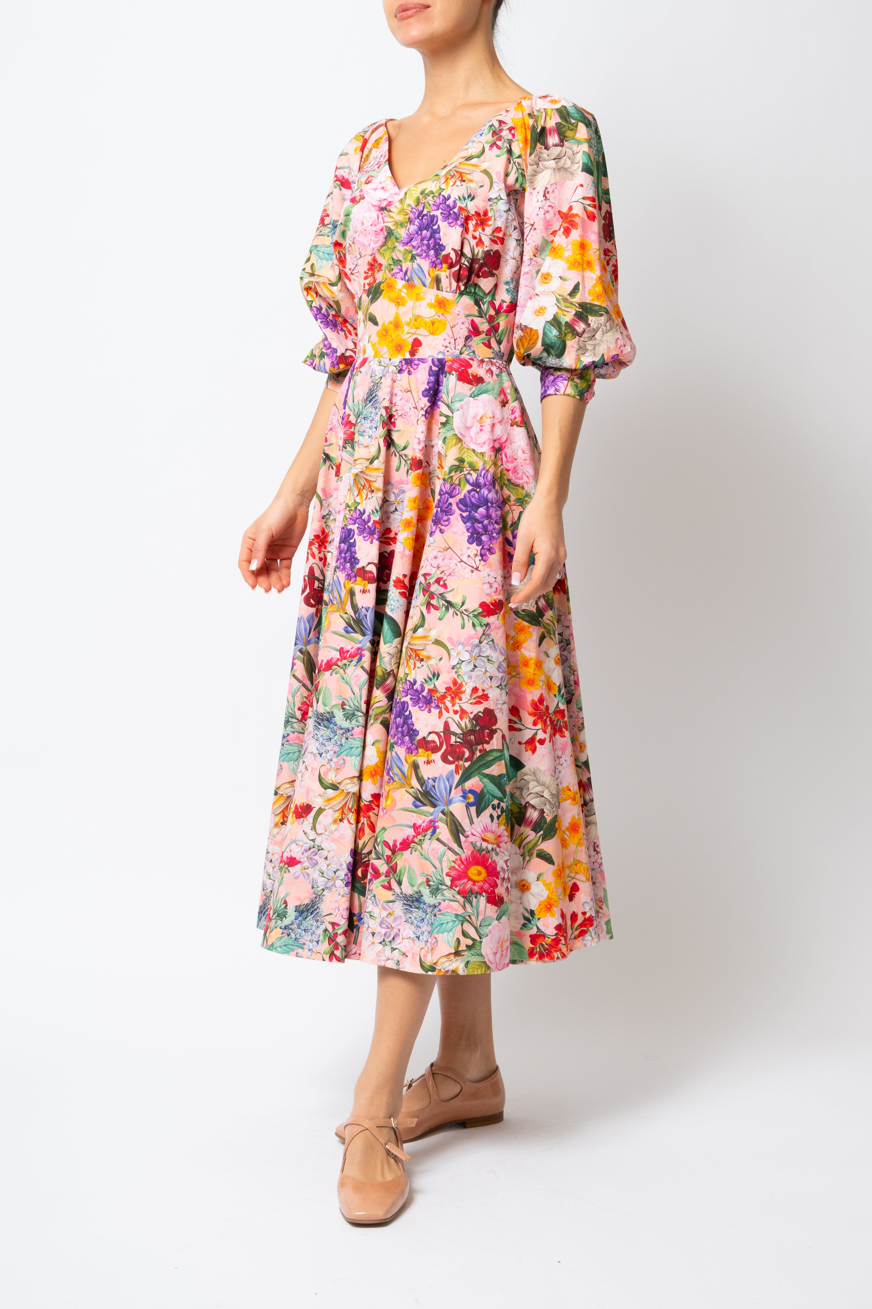 Rochie Midi cu Flori pe Roz, din Bumbac