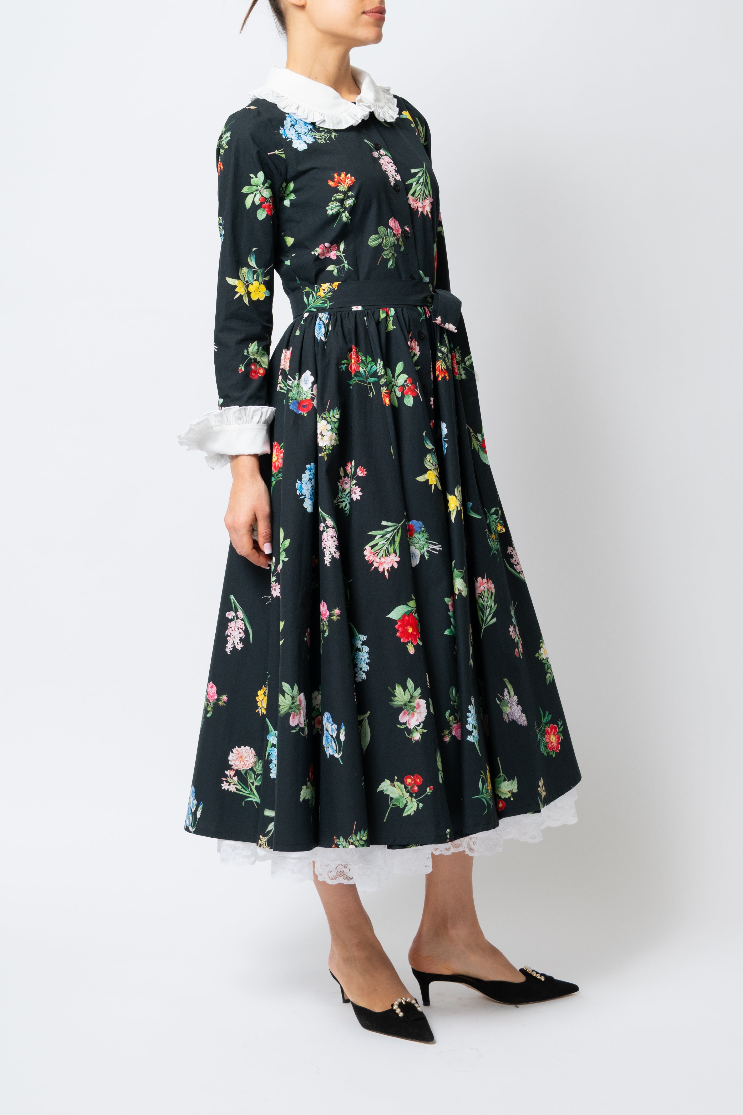 Milla Milla midi dress with floral print on black background – limited edition, available by pre-order only