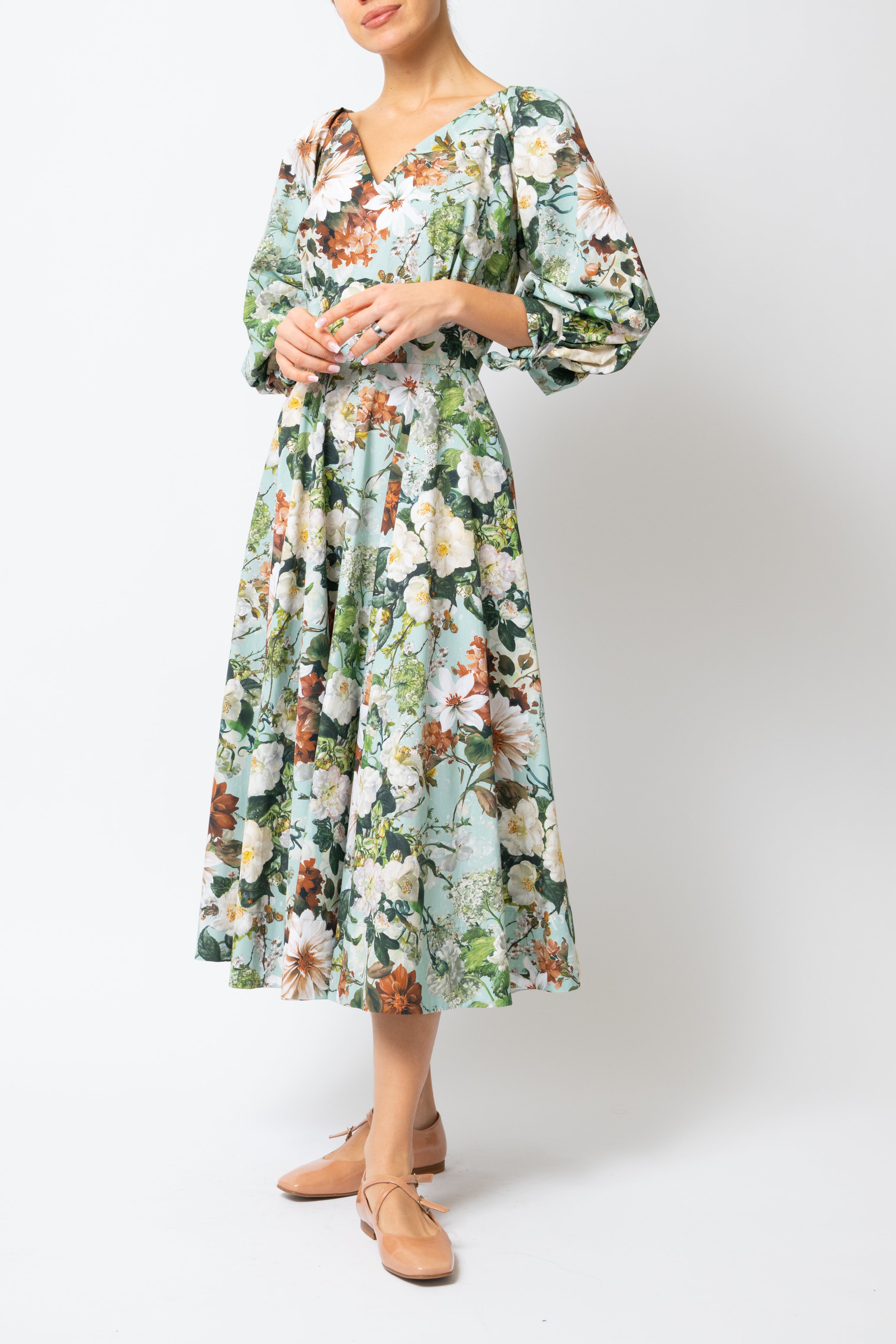 Rochie Midi cu Flori pe Aqua, din Bumbac