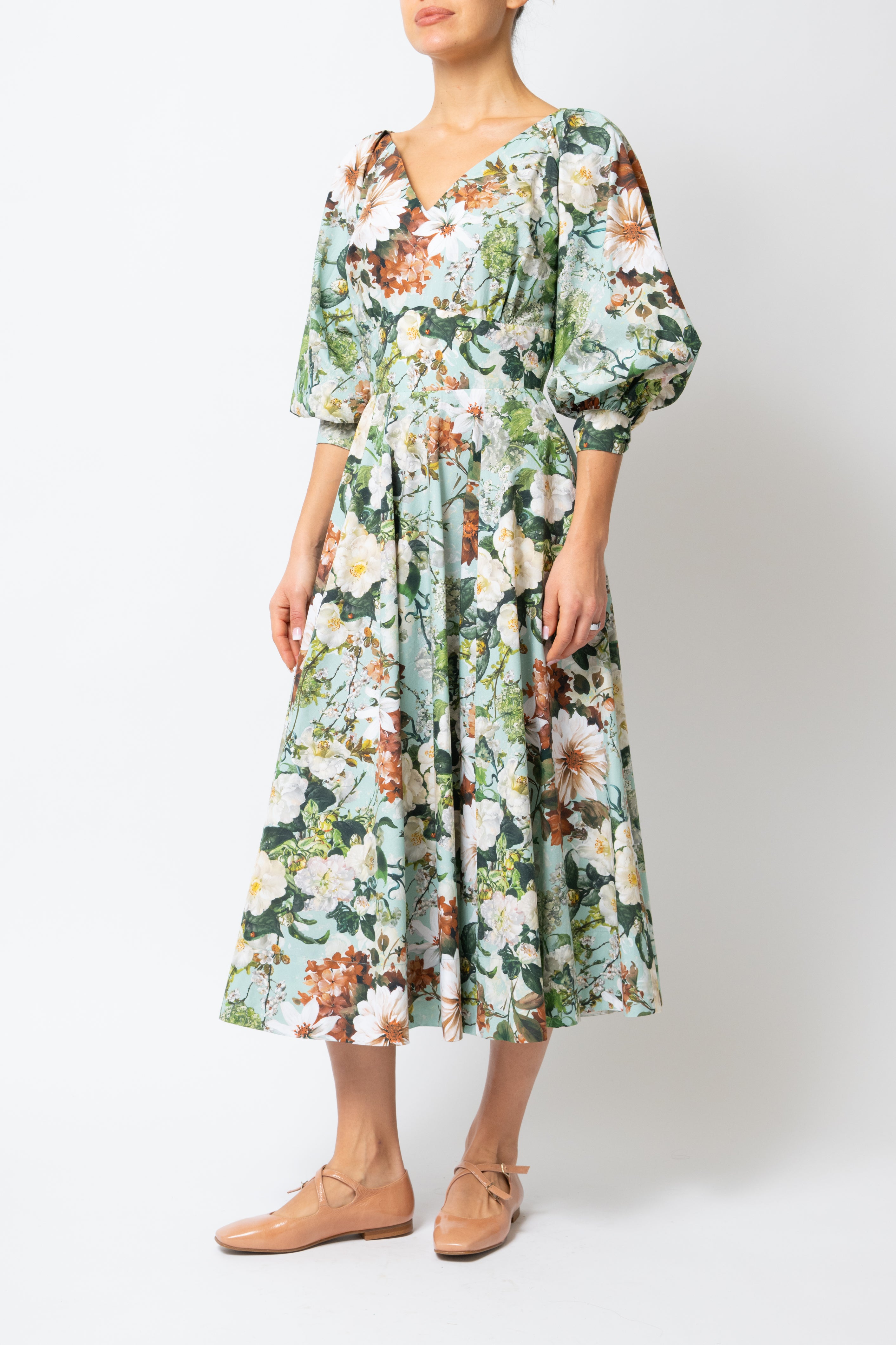 Rochie Midi cu Flori pe Aqua, din Bumbac