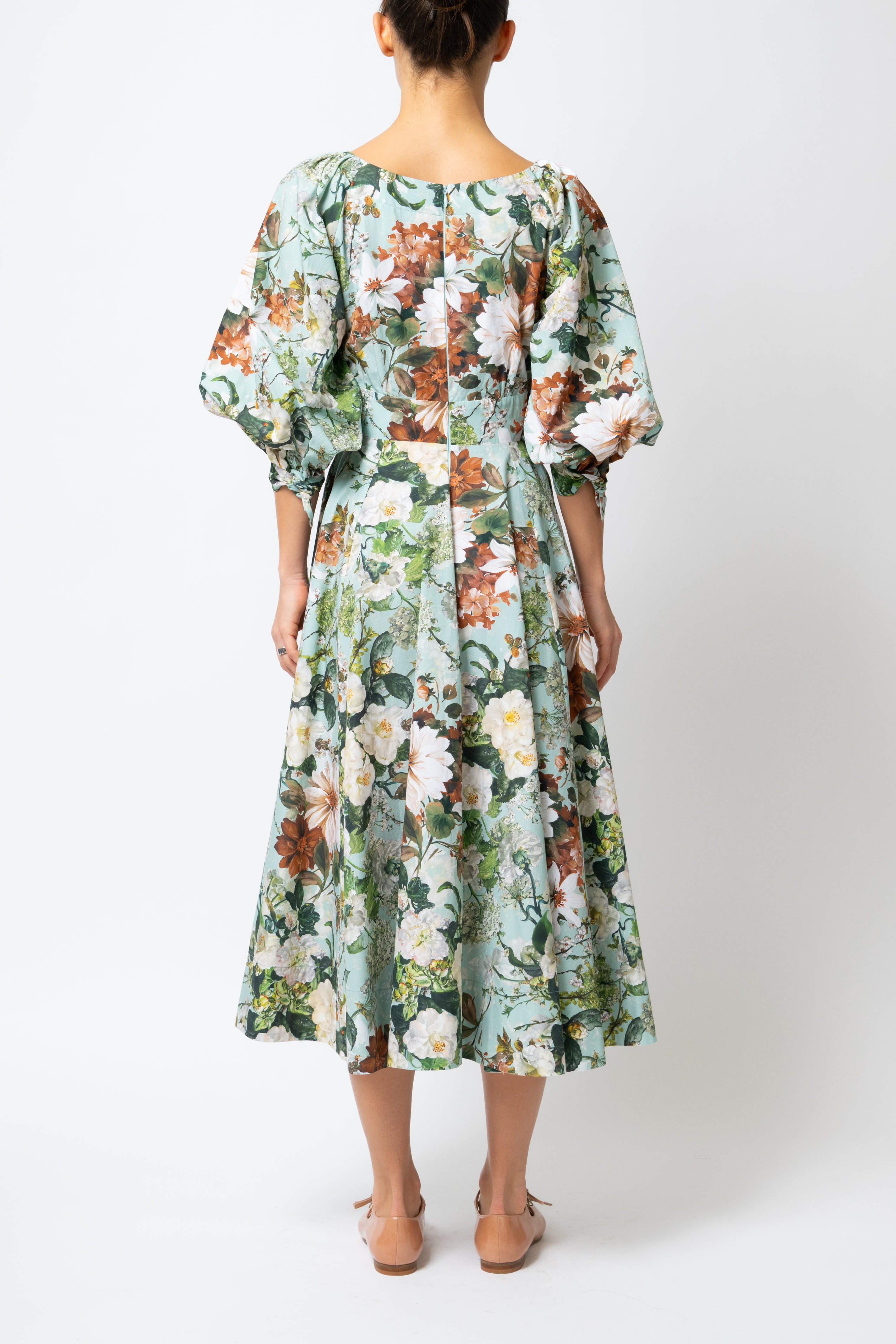 Rochie Midi cu Flori pe Aqua, din Bumbac