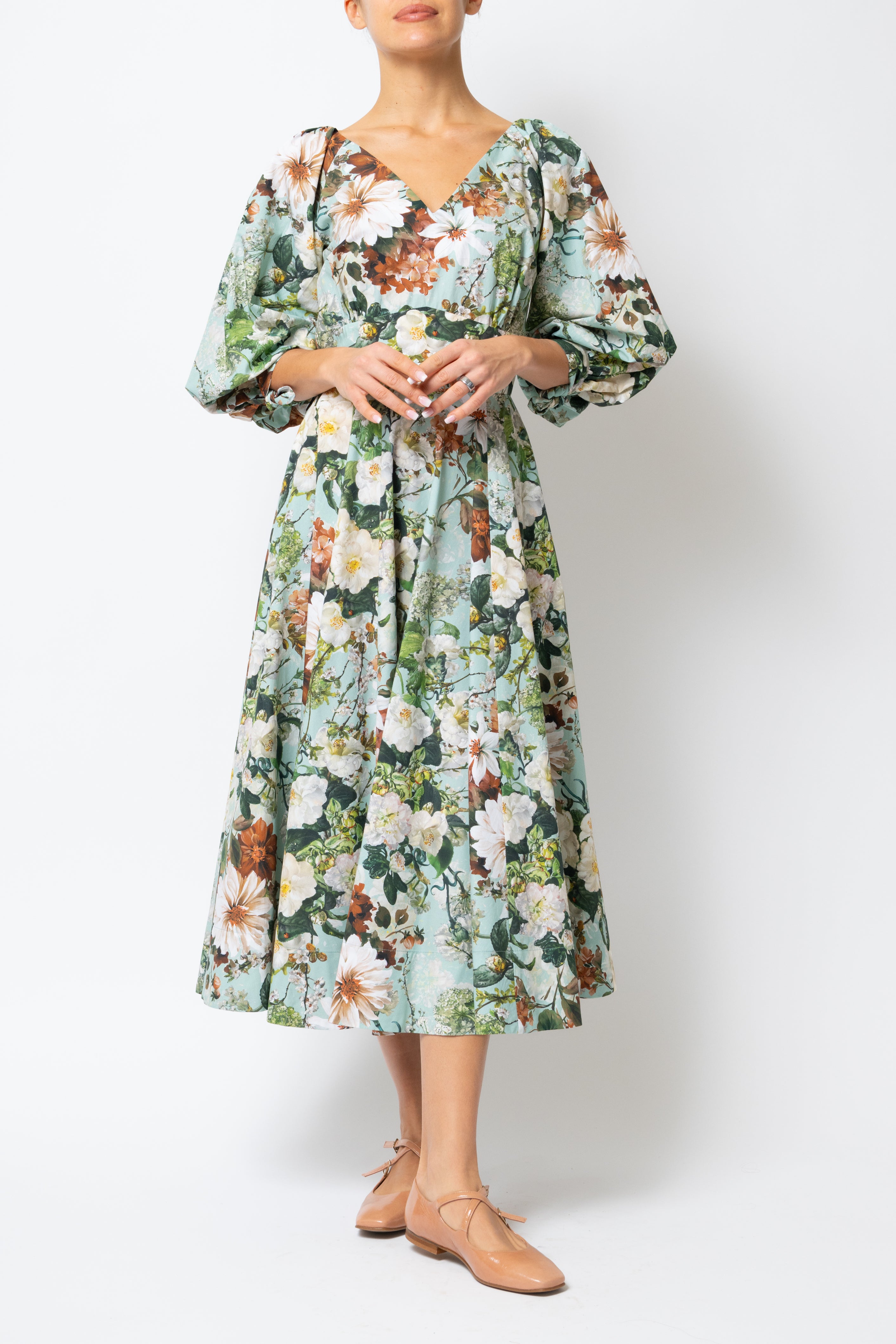 Rochie Midi cu Flori pe Aqua, din Bumbac