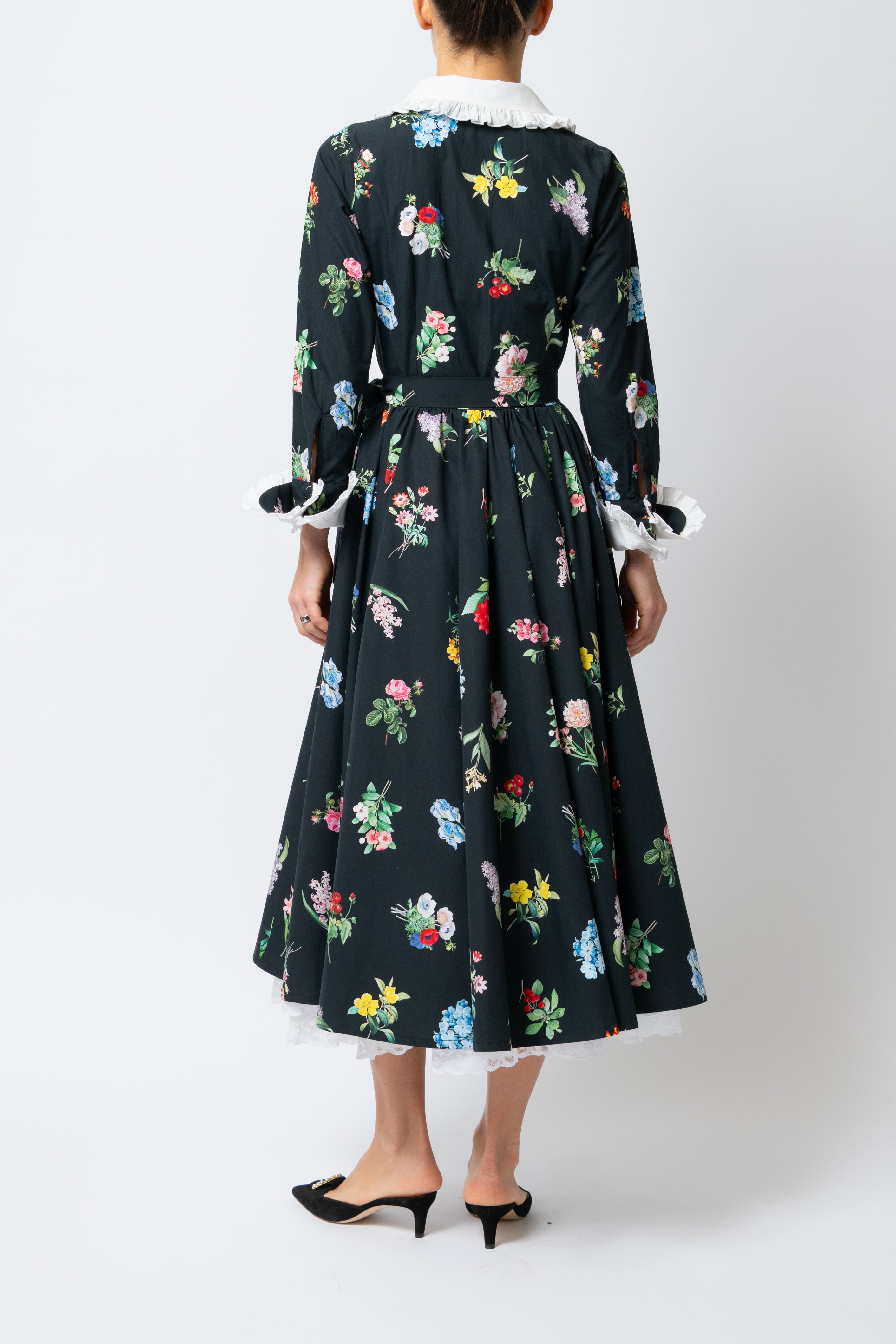 Milla Milla midi dress with floral print on black background – limited edition, available by pre-order only